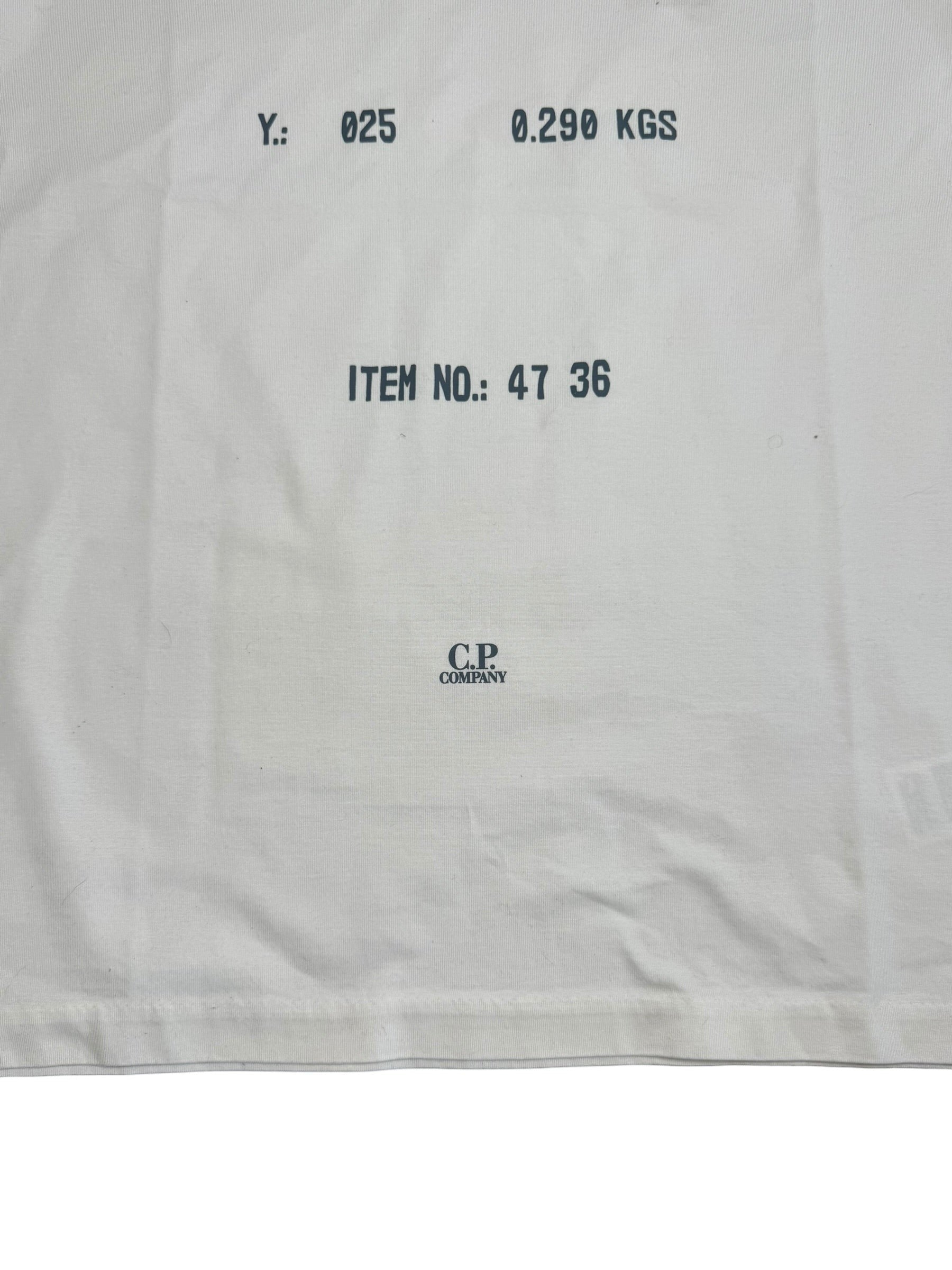 Archive No. 9 white C.P. Company mercerized cotton t-shirt with spellout logo and oversized fit. Size XL.