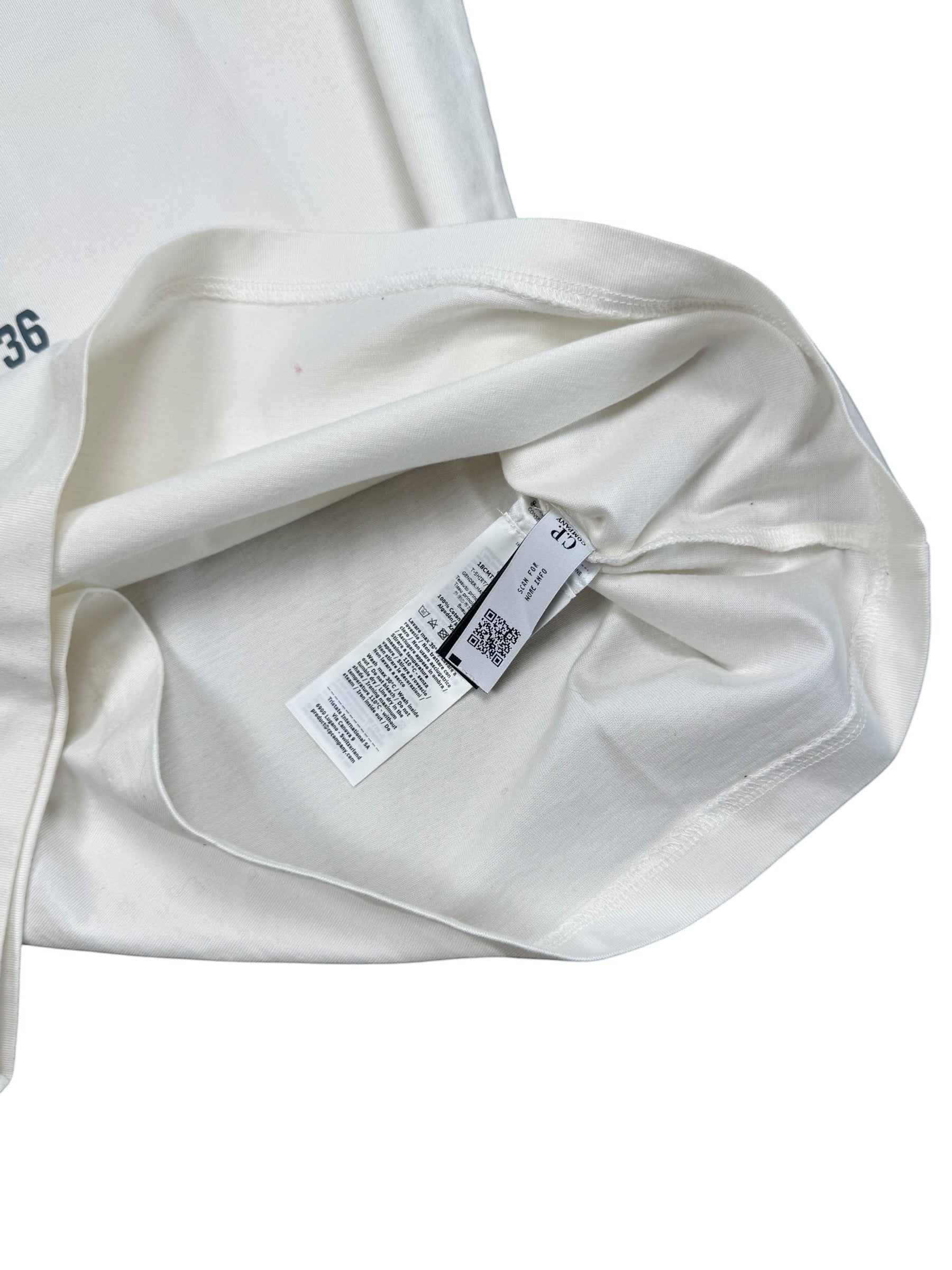 Archive No. 9 white C.P. Company mercerized cotton t-shirt with spellout logo, size XL.