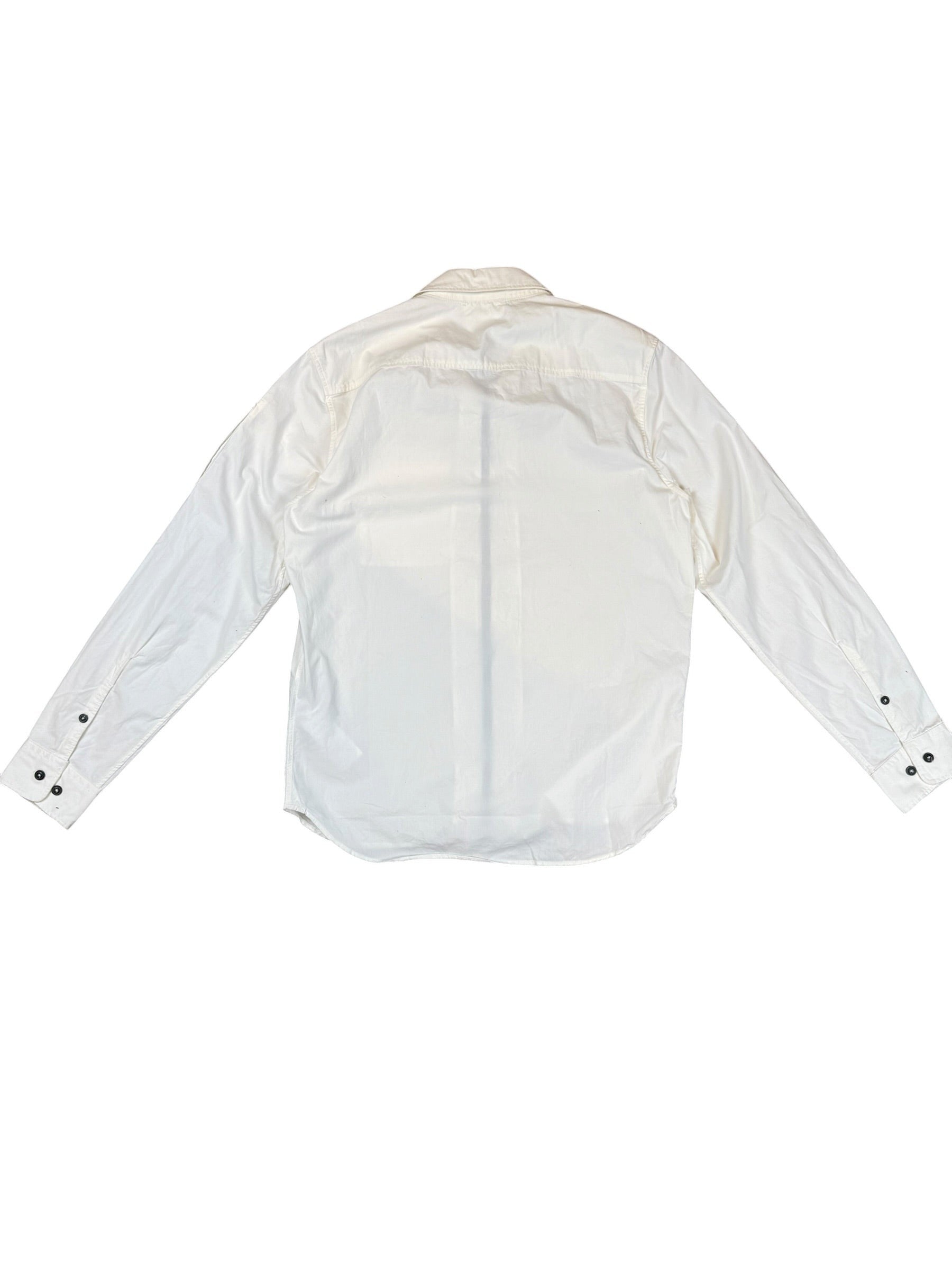 Archive No. 9 C.P. Company white lightweight zip-up overshirt, size L, with button cuffs and iconic arm lens detail.