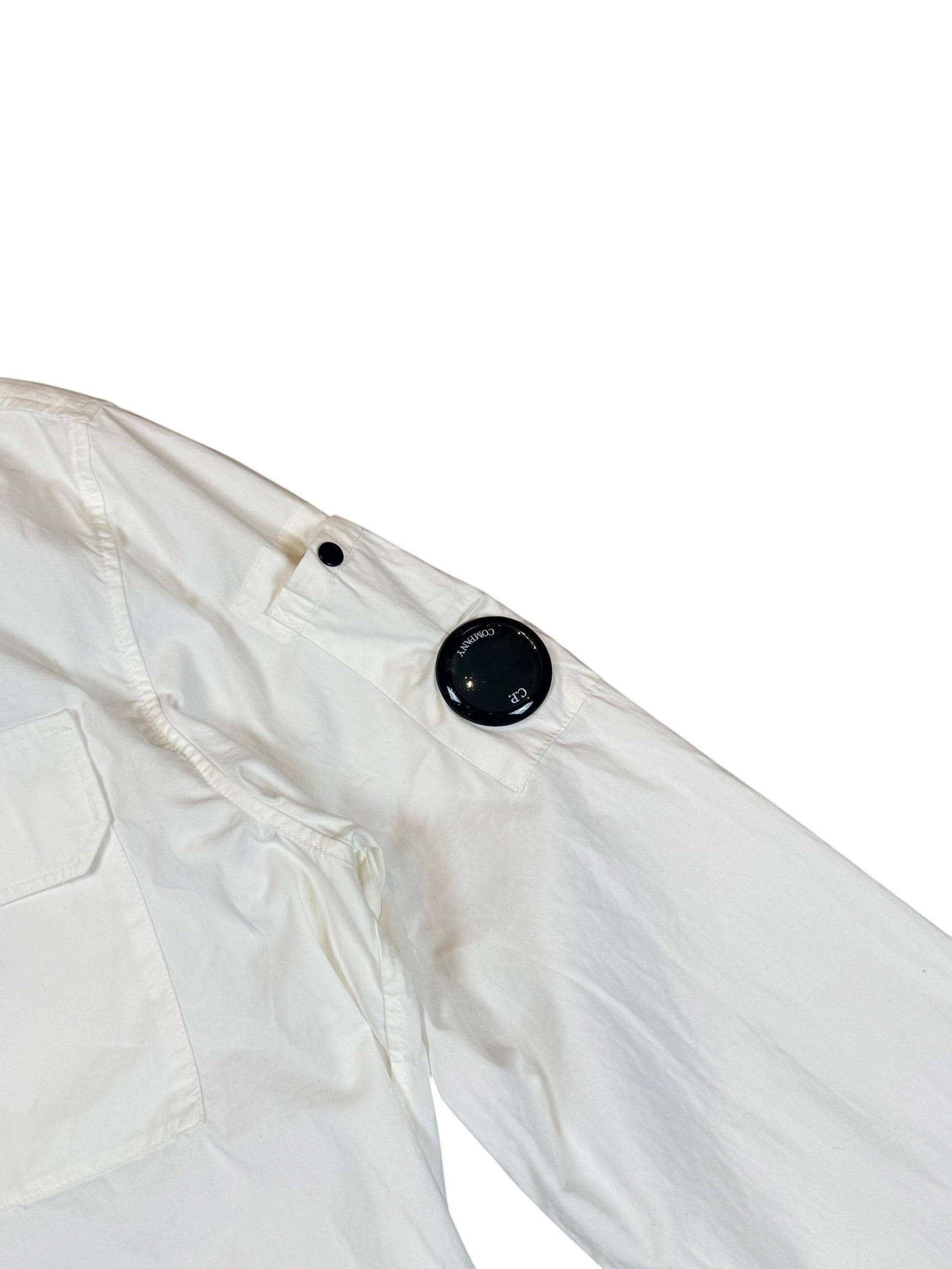 Archive No. 9 white C.P. Company lightweight zip-up overshirt with iconic arm lens detail and chest pocket. Size L.