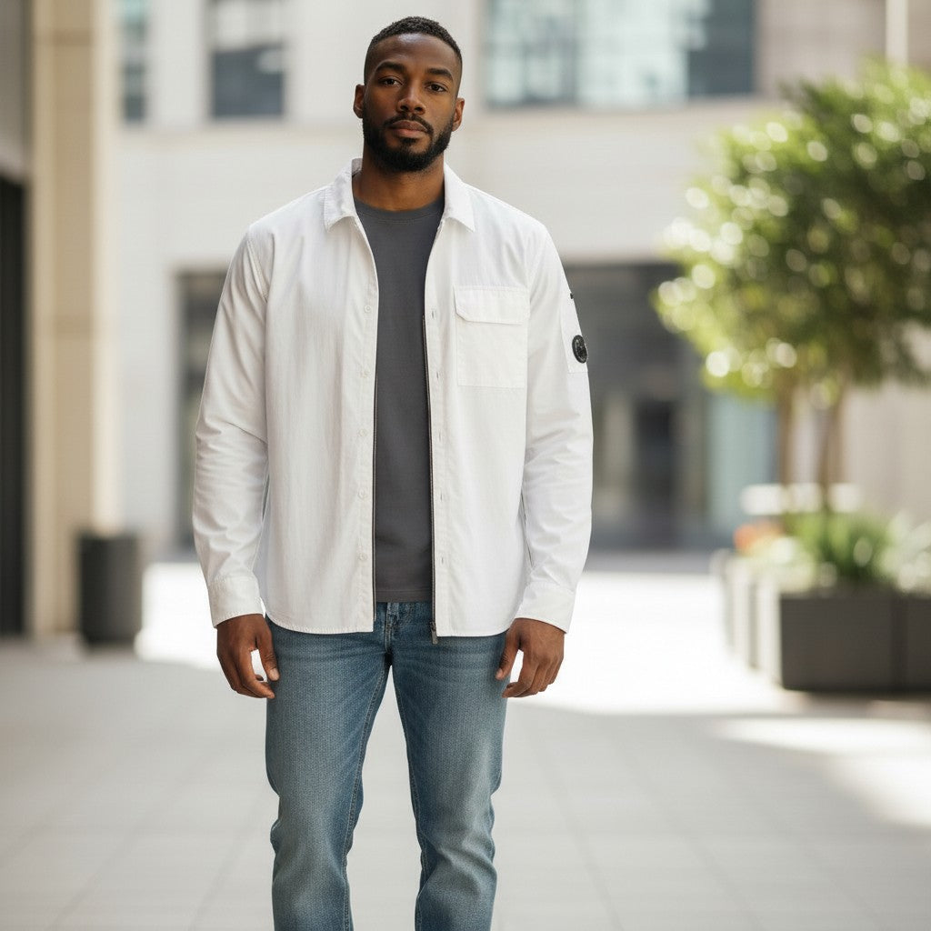 Archive No. 9 C.P. Company white lightweight zip-up overshirt with lens detail on arm, size L.