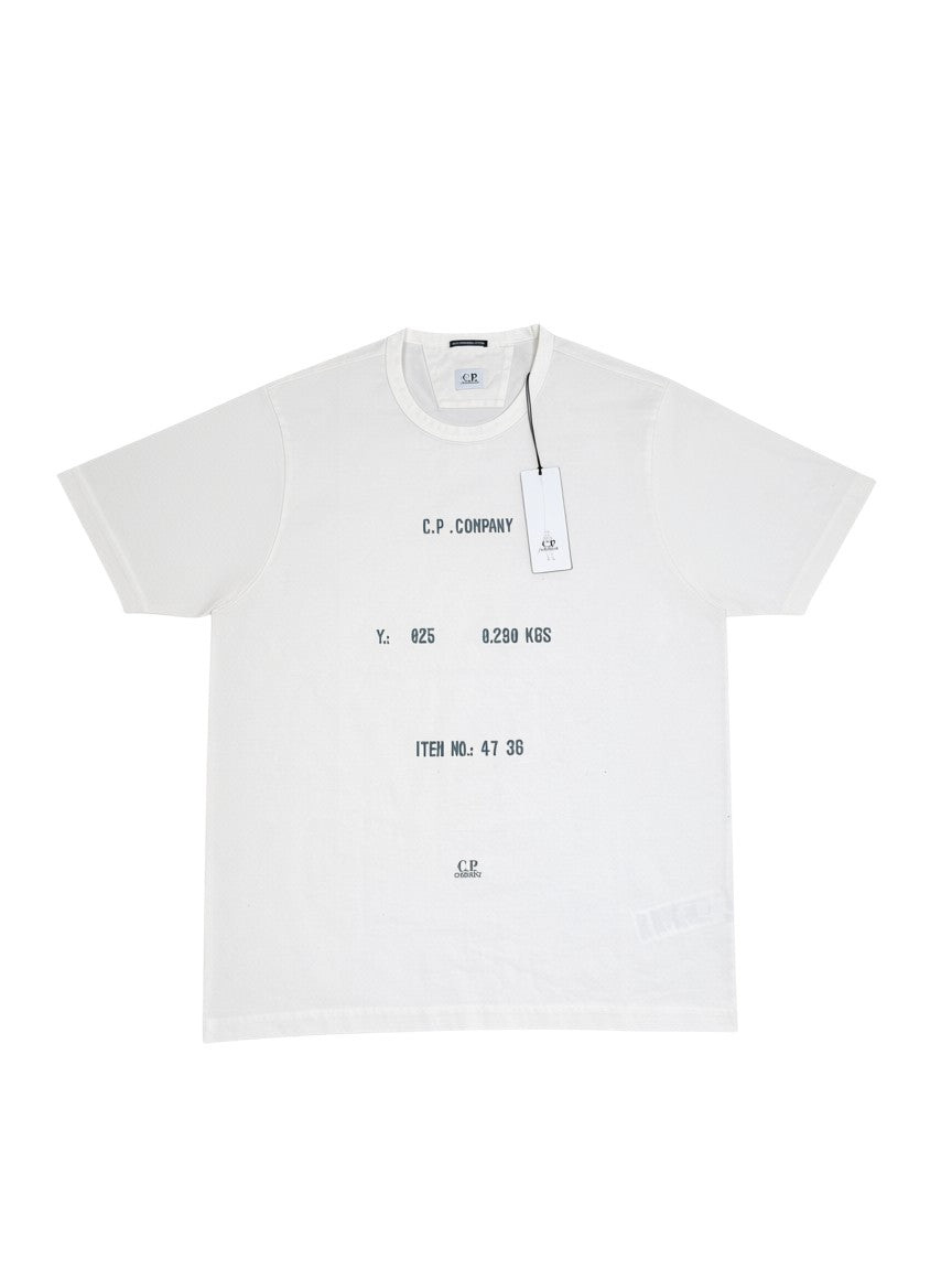 Archive No. 9 white 100% mercerized cotton C.P. Company spellout t-shirt in XL with oversized fit.