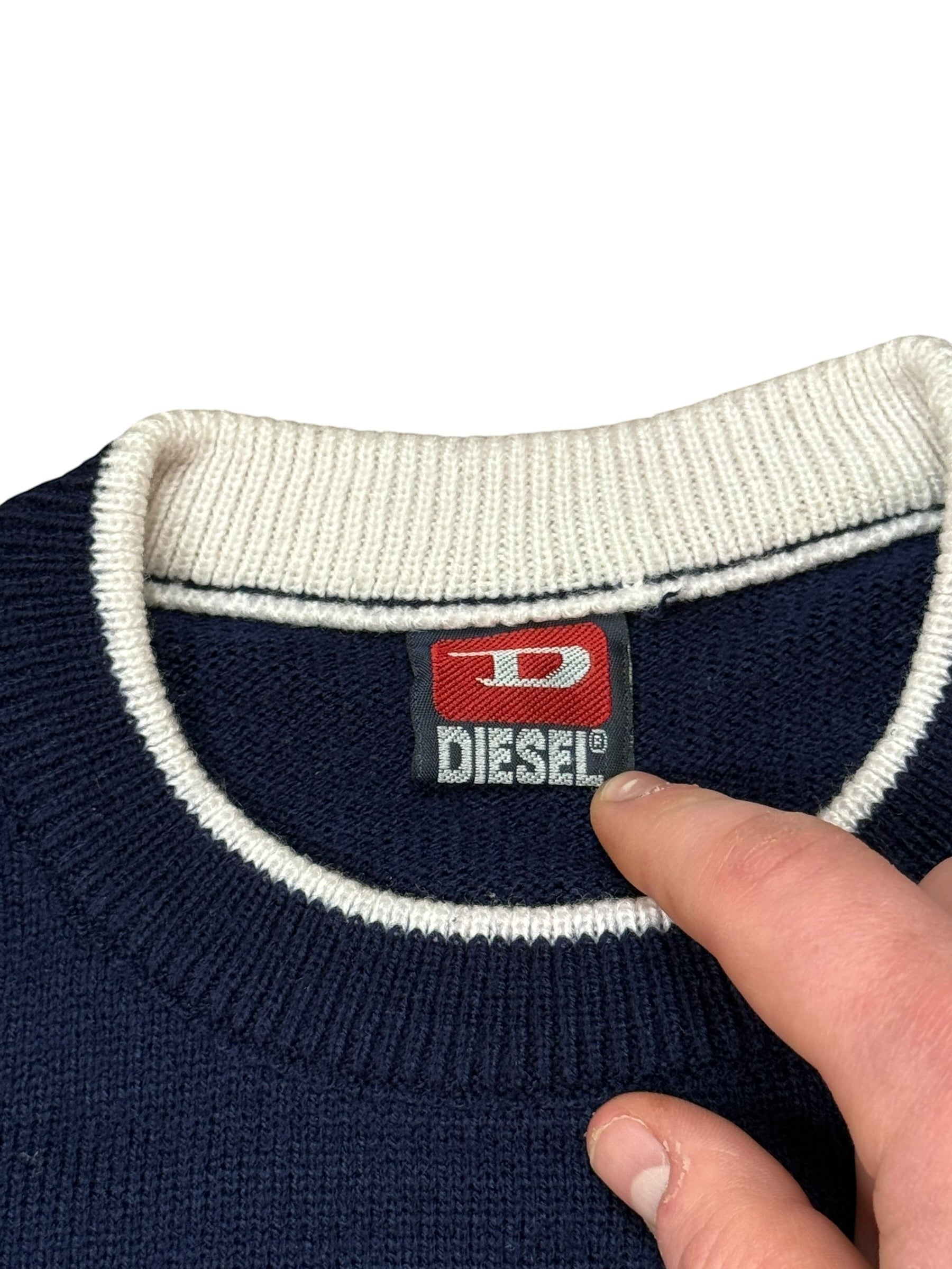 Archive No. 9 navy 100% cotton Diesel knit jumper with white trim and iconic logo on chest, size M.