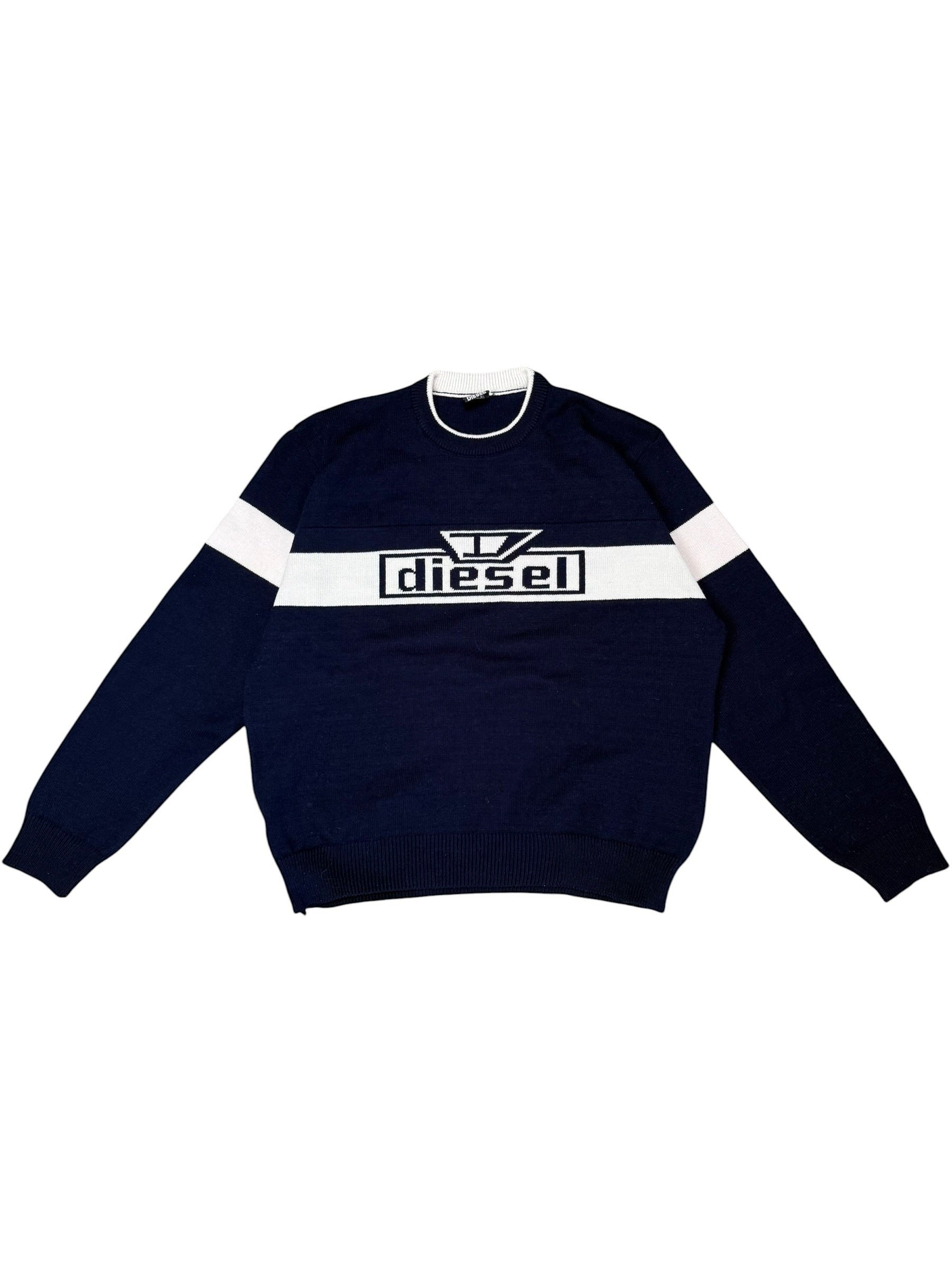 Archive No. 9 navy 100% cotton Diesel knit jumper with white stripe detail and iconic logo on chest. Size M.
