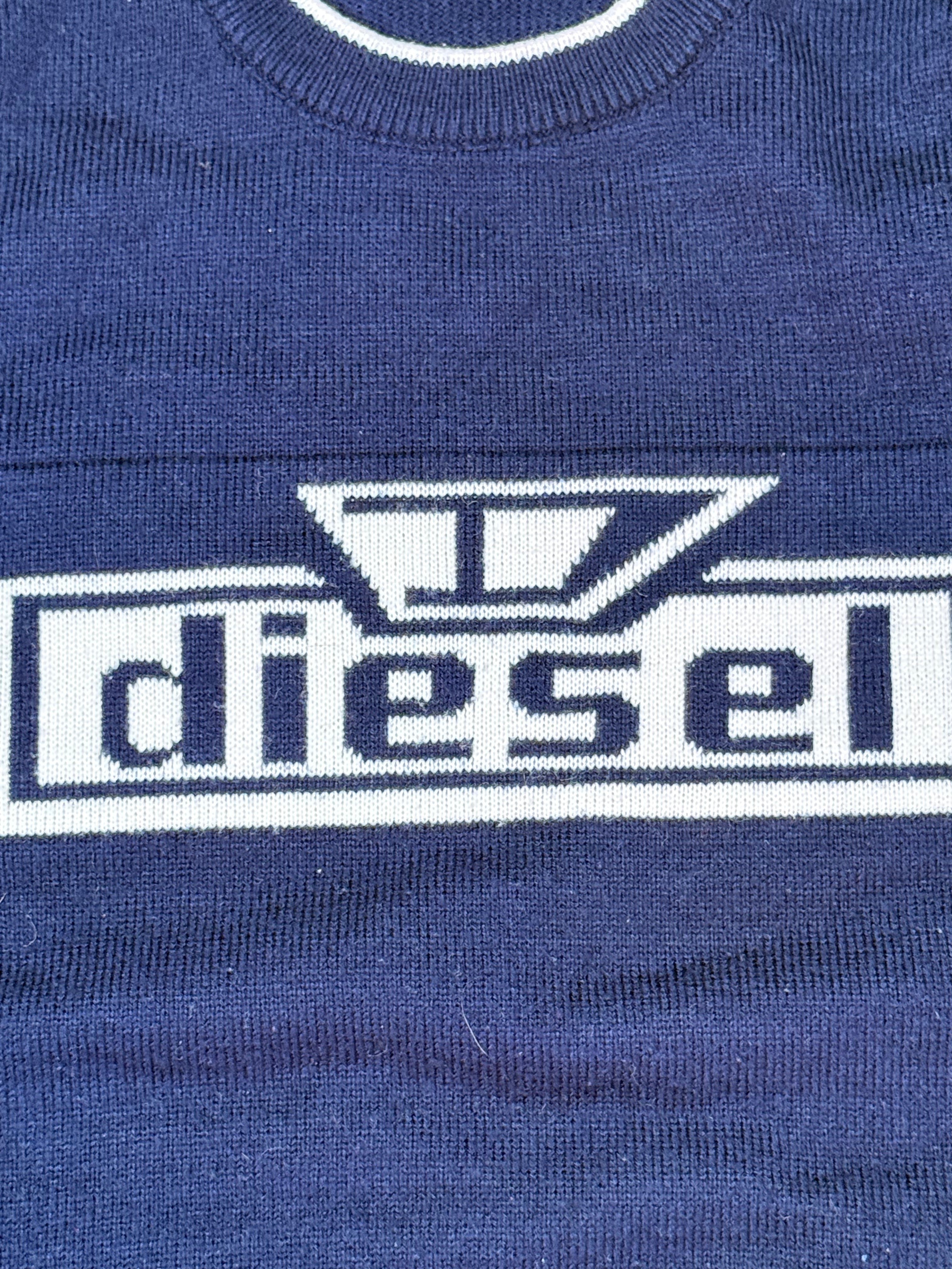 Archive No. 9 navy 100% cotton Diesel knit jumper with iconic logo knitted into the chest, size M.