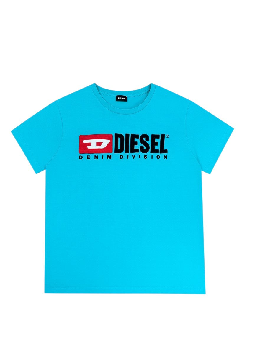 Archive No.9 Diesel turquoise cotton t-shirt with red and black logo print on the chest.