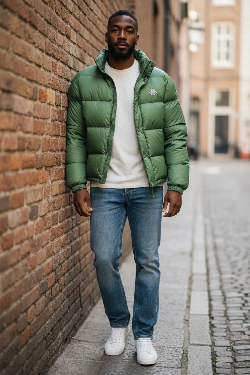 Archive No. 9 vintage green down-filled puffer jacket, size Small, with a high collar and zip pockets.