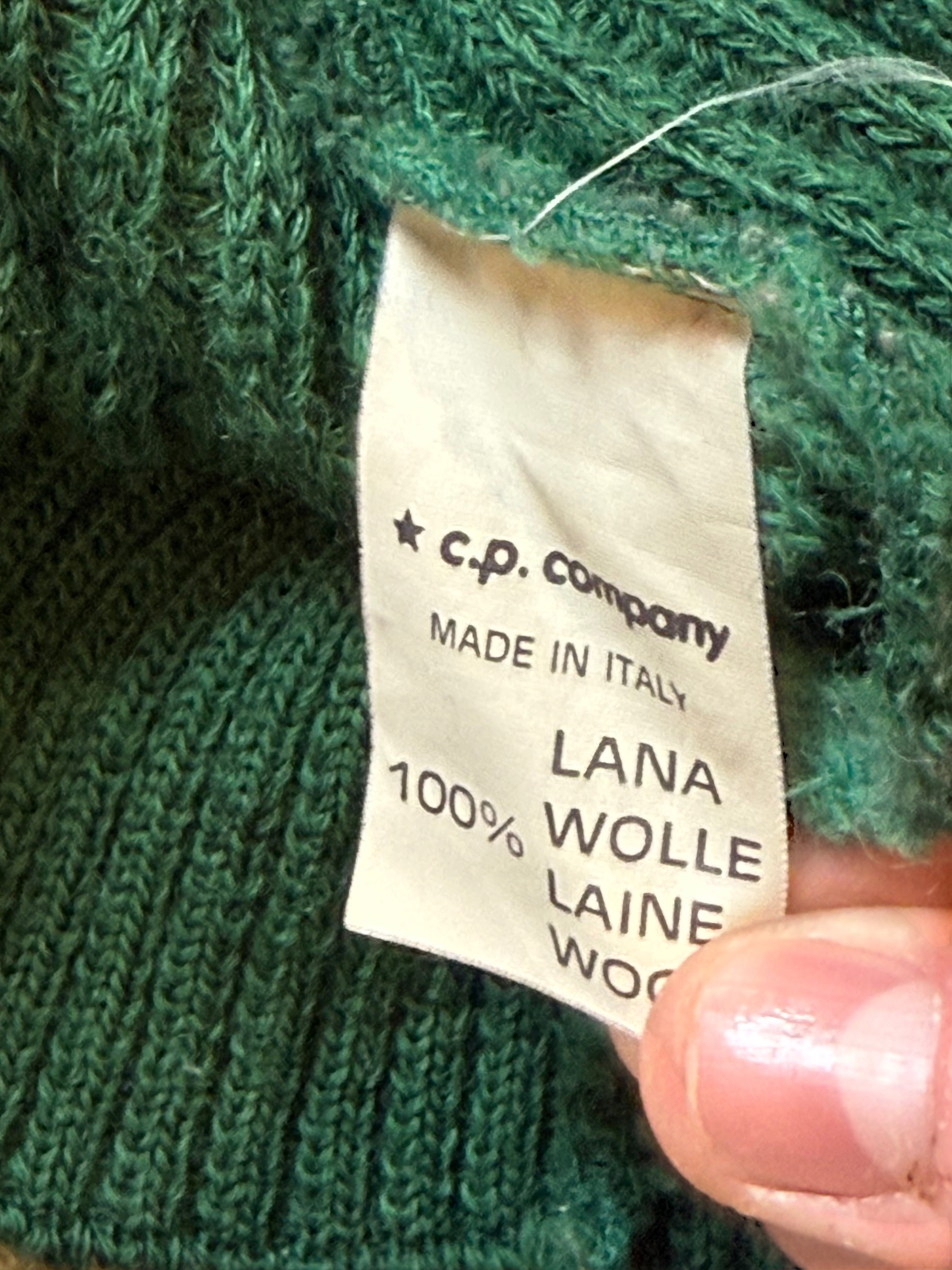 Archive No. 9 90s green heavyweight knit jumper with 100% wool and C.P. Company label.