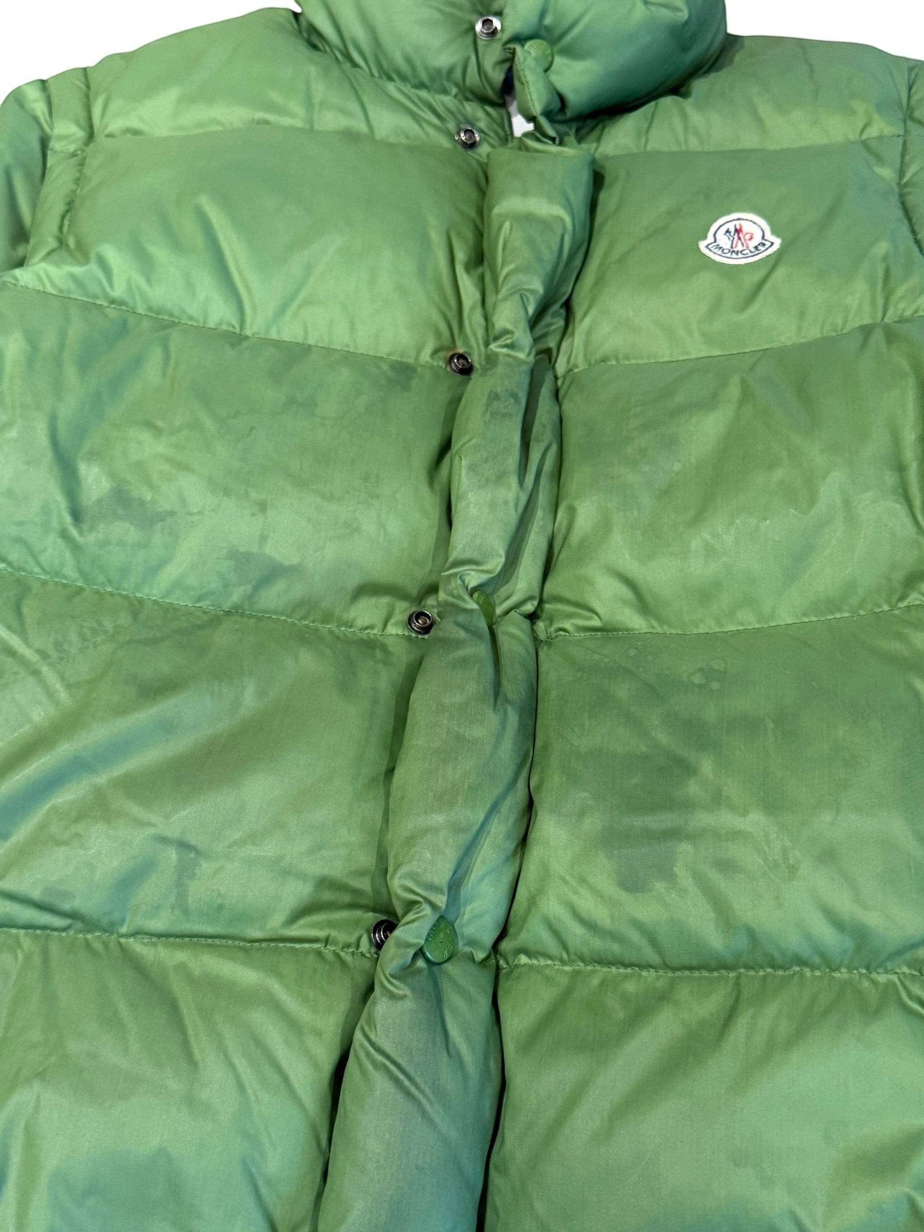 Archive No. 9 green down-filled puffer jacket, size Small, with Moncler logo patch on chest.