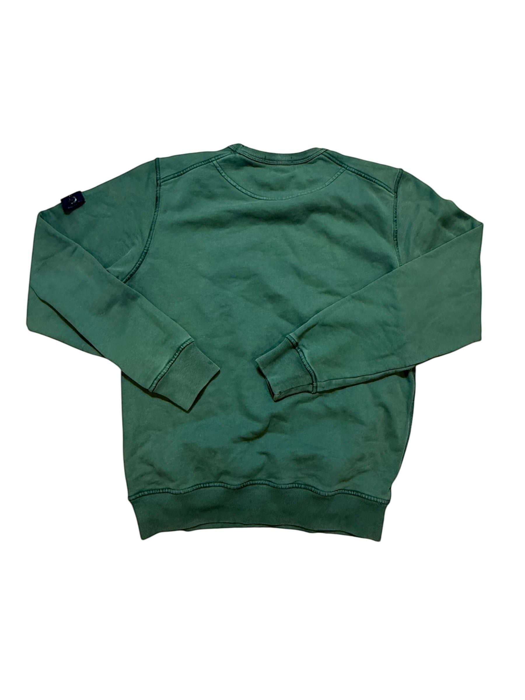 Archive No. 9 green cotton Stone Island Crew Neck jumper with compass badge on arm and fleeced interior.