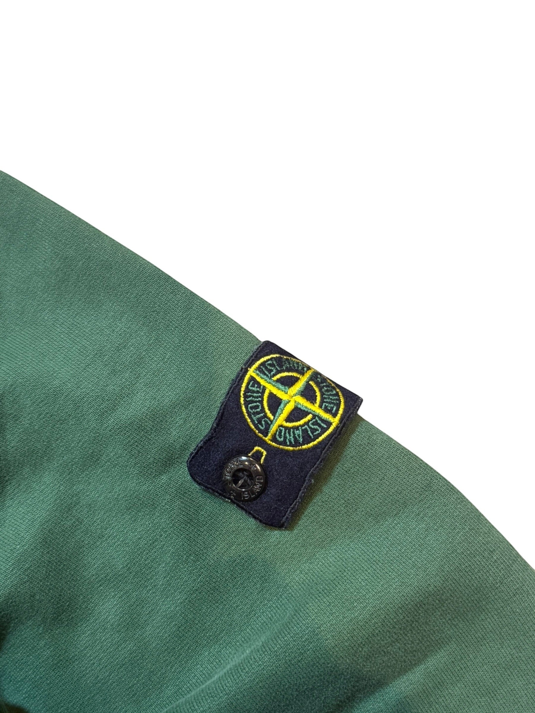 Archive No. 9 green cotton Stone Island Crew Neck jumper with iconic compass badge on arm, size 12.