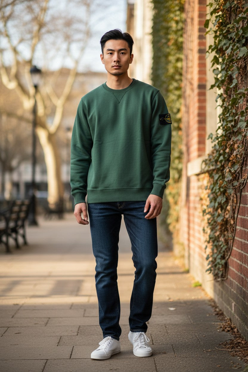 Archive No. 9 green Crew Neck Stone Island jumper with compass badge on arm. Size 12, fleeced interior.