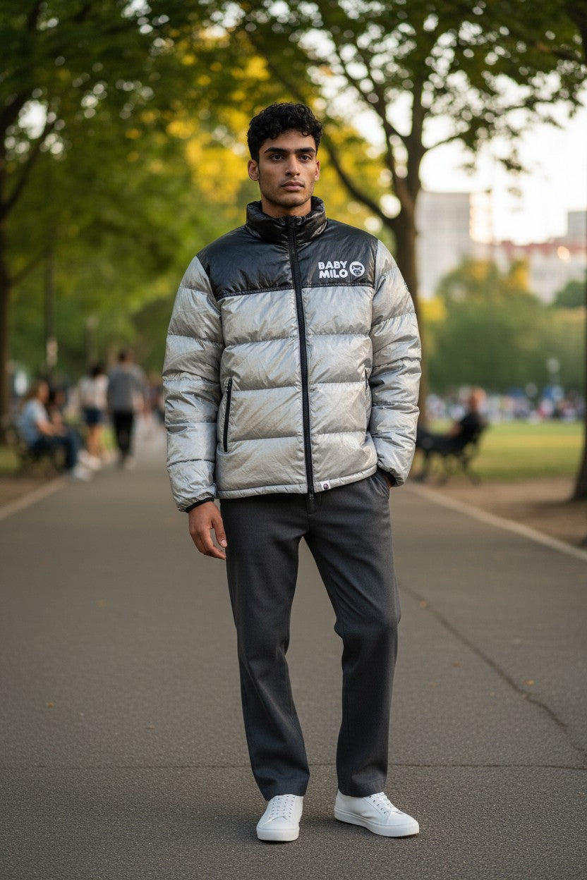 Archive No. 9 grey and black down-filled puffer jacket with Baby Milo logo, size Small. Lightweight and wind-resistant.