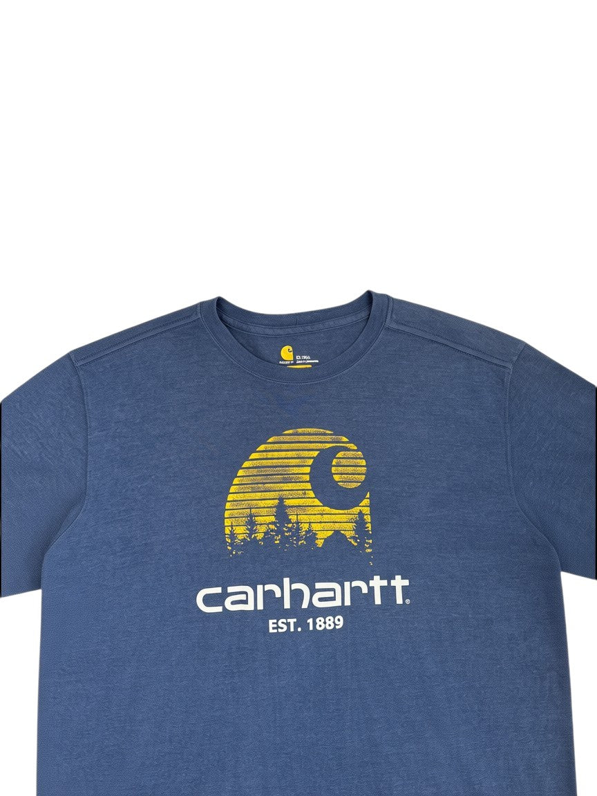 Archive No.9 grey Carhartt cotton t-shirt featuring a yellow sunset and forest graphic logo on the chest