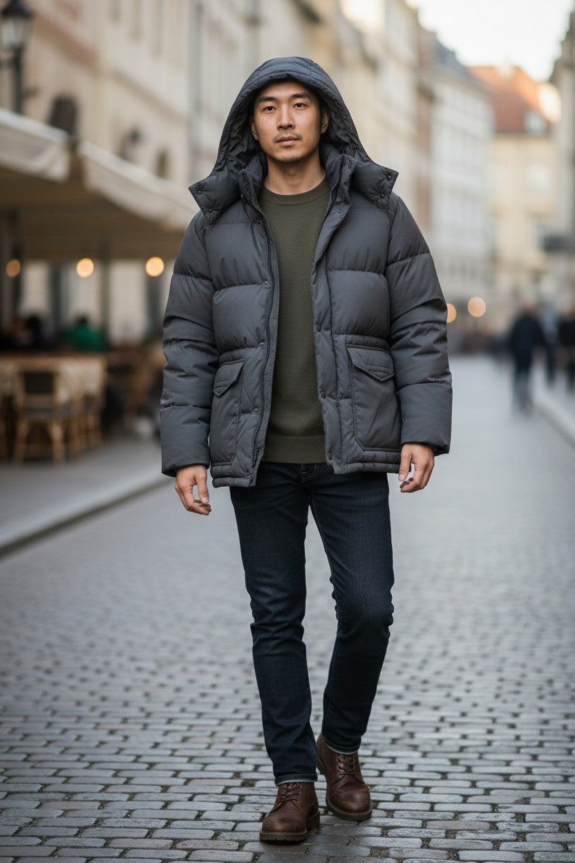 Archive No. 9 vintage grey Moncler Grenoble down puffer jacket with hood and two front pockets, size XL.