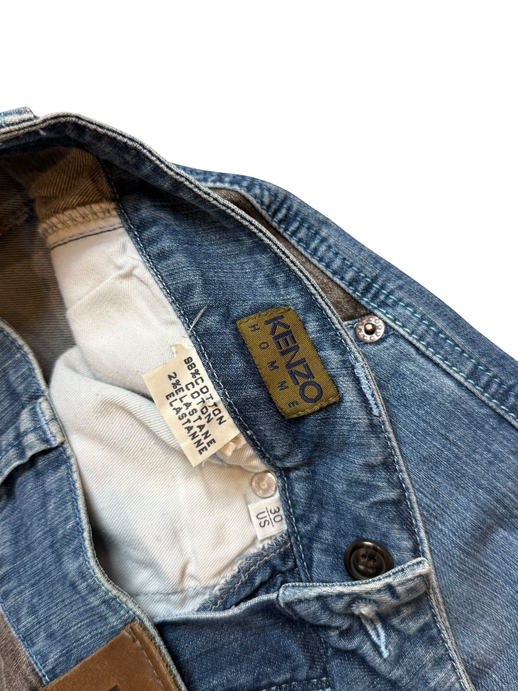 Archive No. 9 vintage Kenzo Homme jeans in blue denim with patchwork detail, size W30.