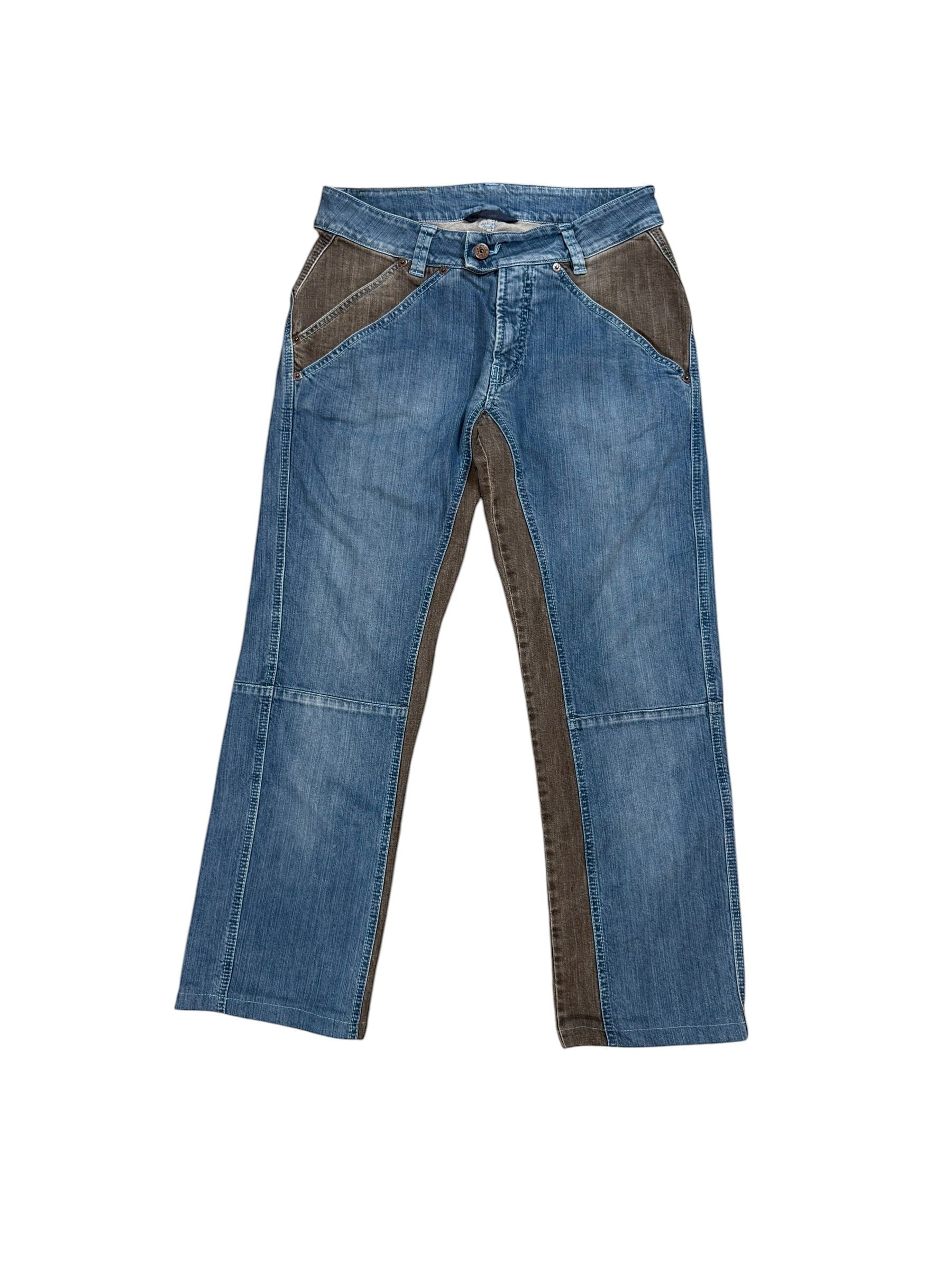 Archive No. 9 vintage Kenzo Jeans in navy and brown denim with patchwork design, size W30.