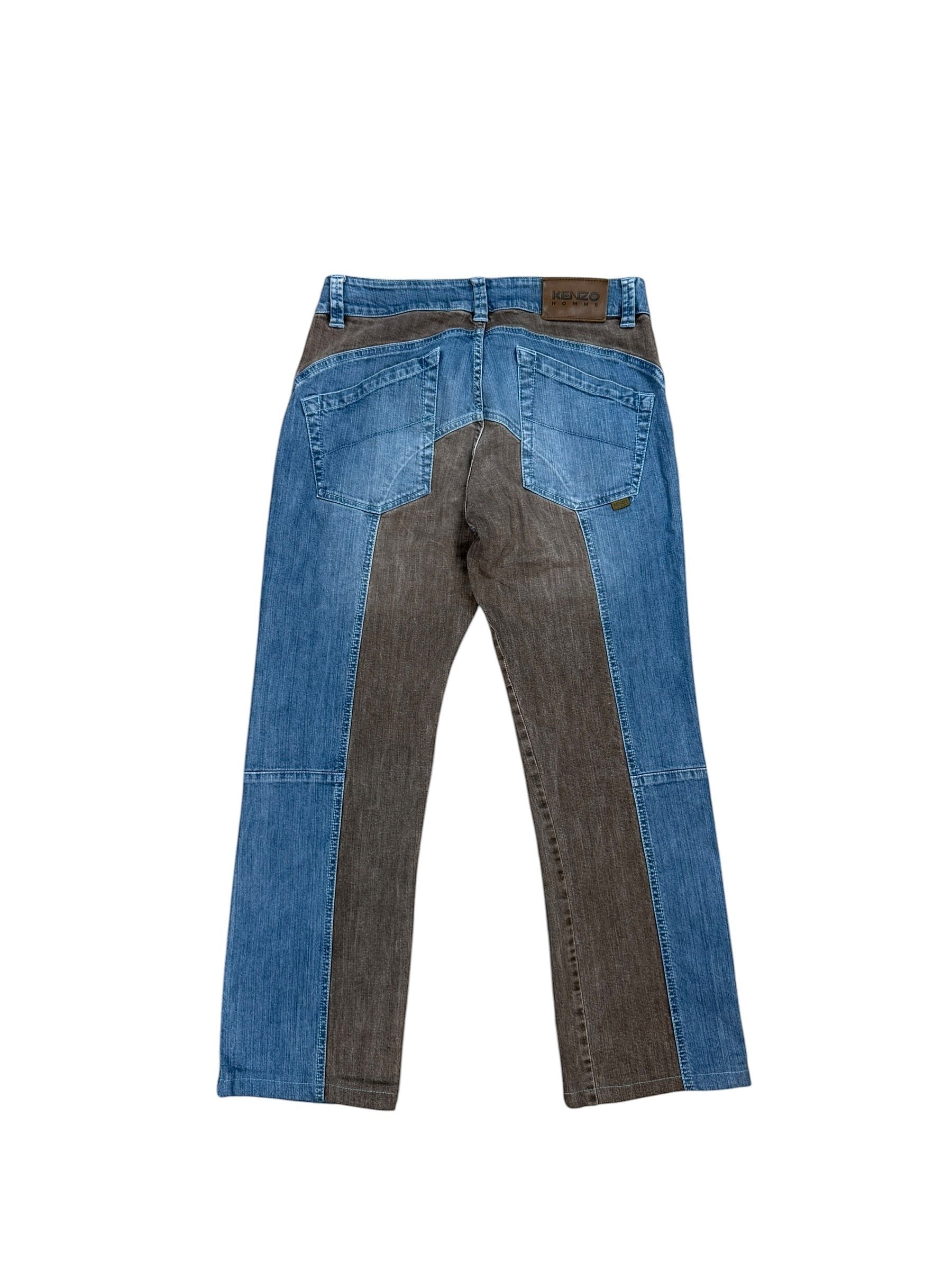 Archive No. 9 vintage Kenzo Jeans in navy and brown denim with patchwork design. Size W30, straight cut fit.