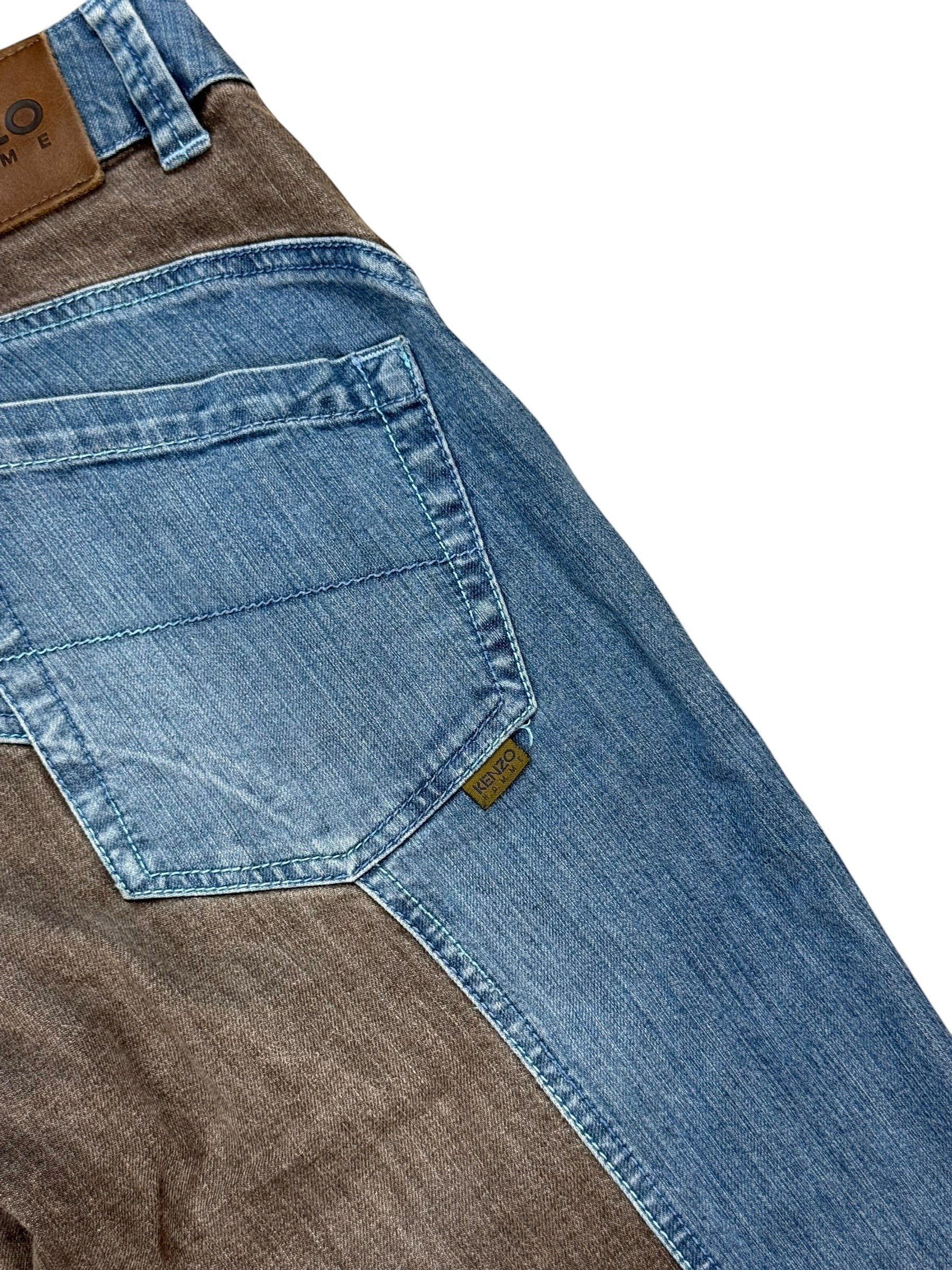 Archive No. 9 vintage Kenzo Jeans in navy and brown denim with a patchwork design. Size W30.