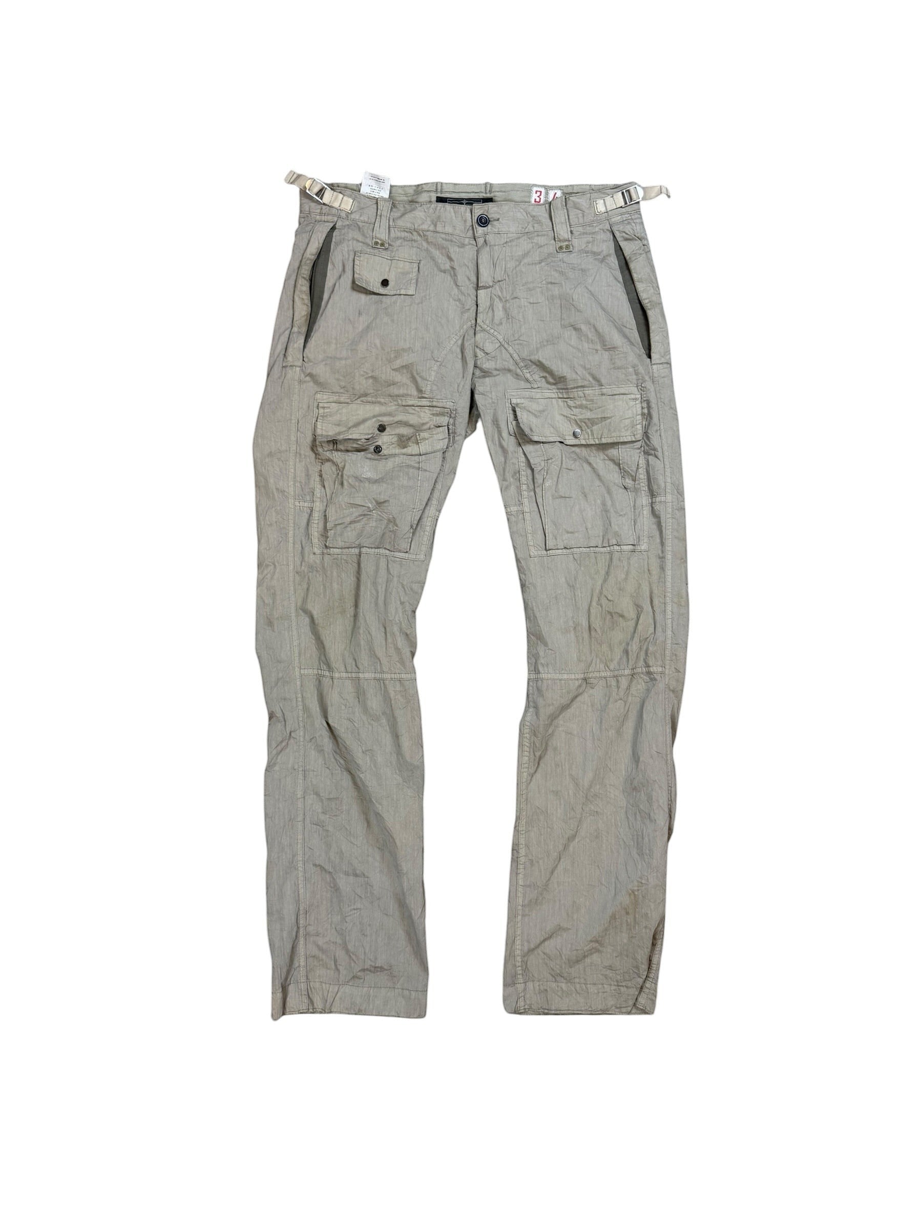 Archive No. 9 vintage khaki Stone Island technical cargo trousers, W34, lightweight material, multiple pockets, adjustable waist tabs.
