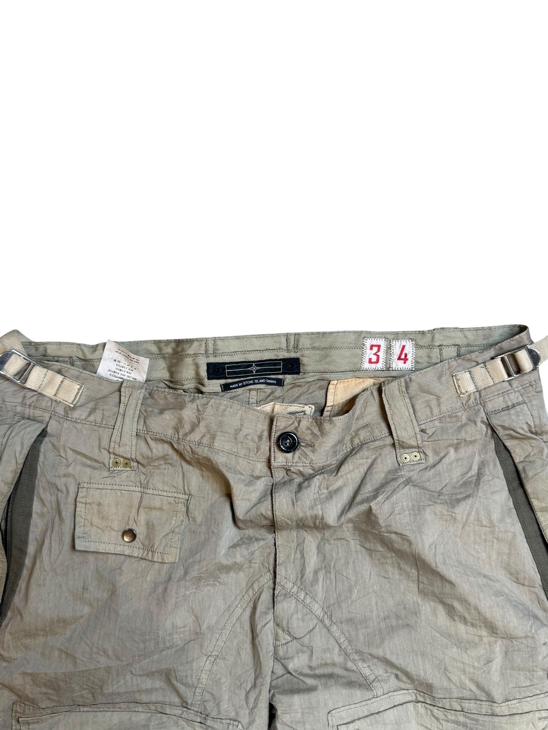 Archive No. 9 khaki Stone Island technical cargo trousers, size W34, lightweight material with multiple pockets and adjustable waist.