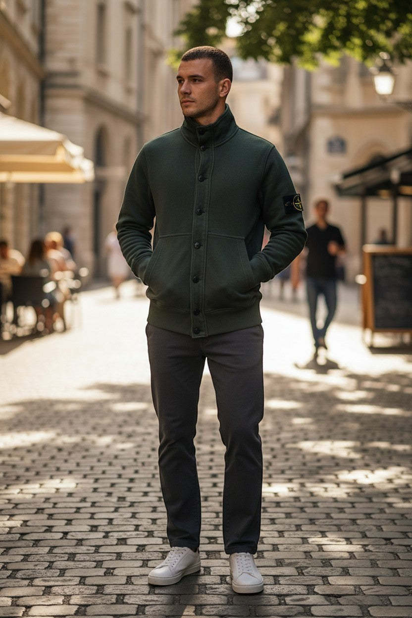 Archive No. 9 vintage khaki cotton Stone Island jumper with button front and signature badge on sleeve.