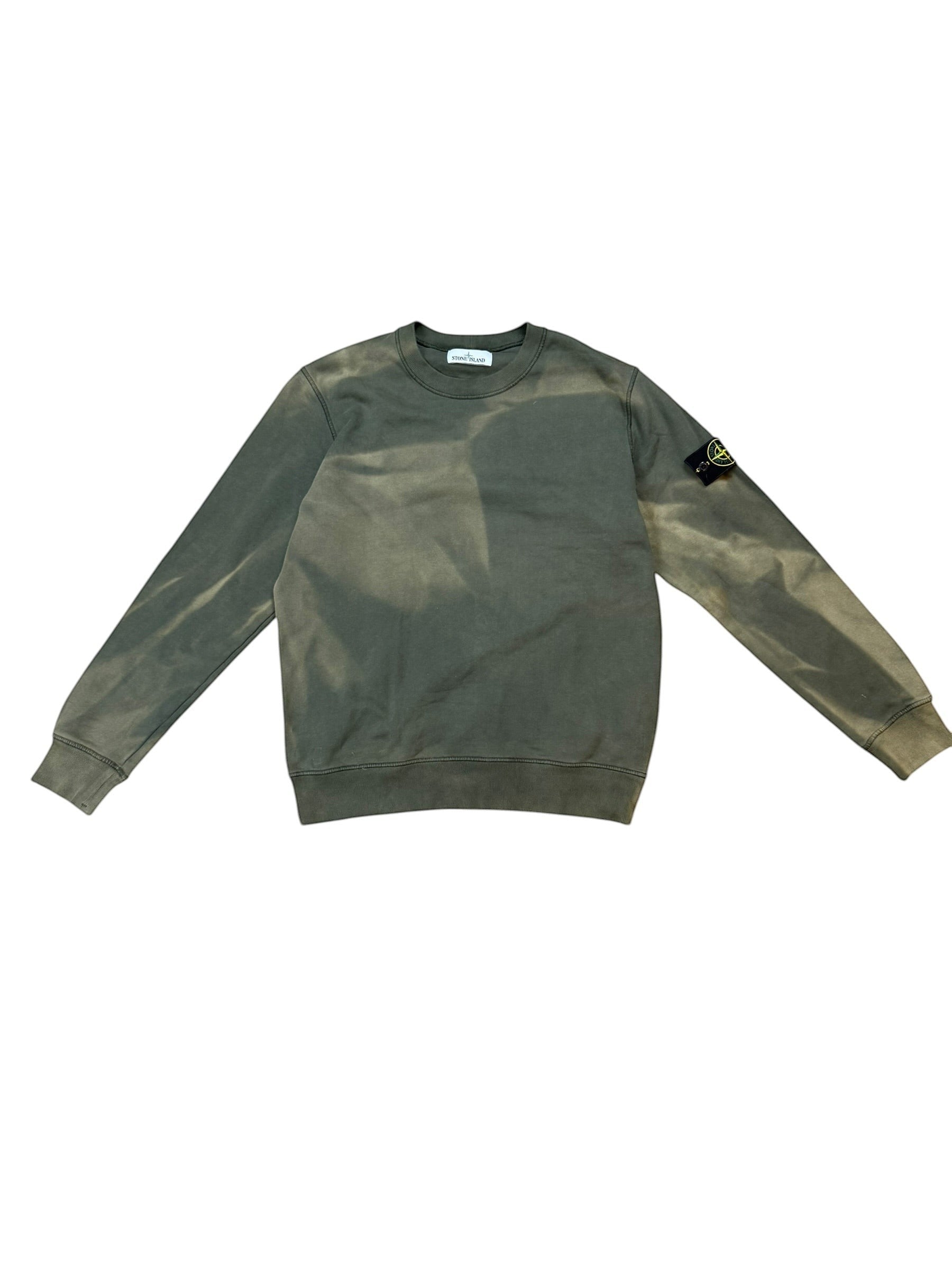 Archive No.9 khaki 100% cotton Stone Island crew neck jumper with sun-faded finish and signature logo patch on sleeve, size L.