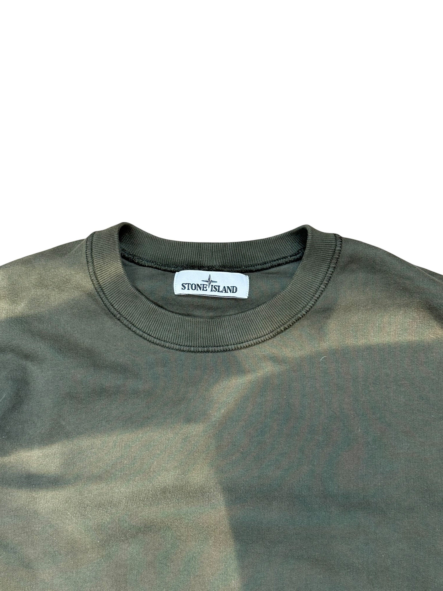 Archive No.9 vintage khaki Stone Island crew neck jumper, 100% cotton with a sun-faded, camo-like finish. Size L.