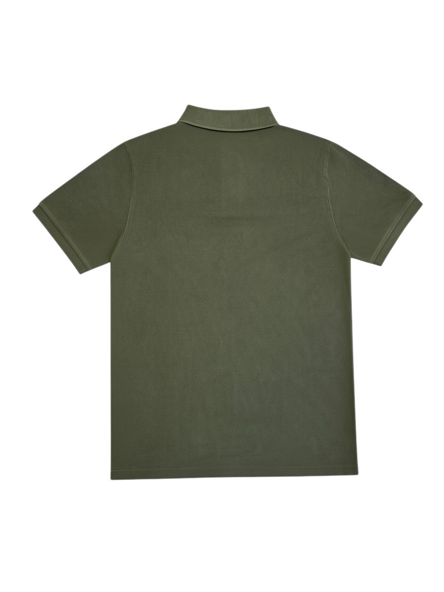Back view of a khaki Stone Island slim fit polo shirt made from 100% cotton, sold by Archive No.9.