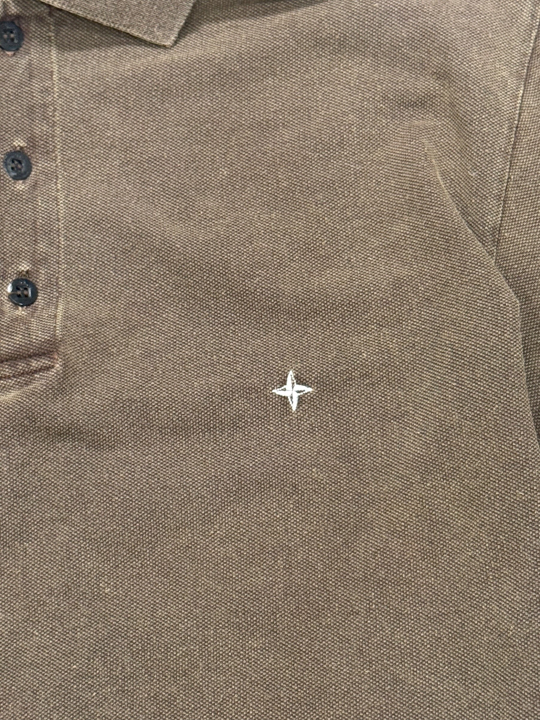 Archive No. 9 khaki cotton Stone Island polo shirt with embroidered compass logo and button placket. Size S.