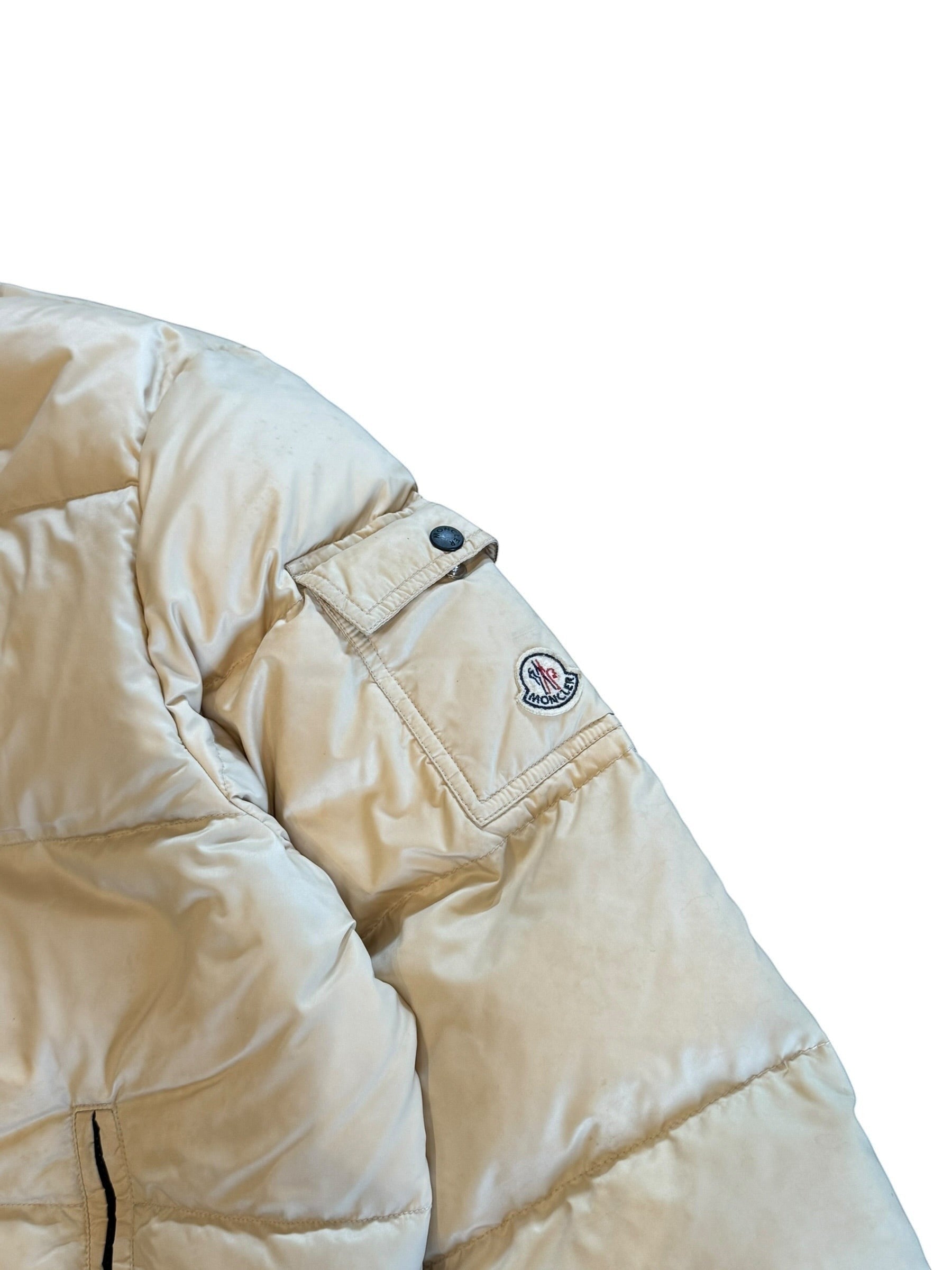 Archive No. 9 Moncler vintage beige down puffer jacket with hidden hood and authenticity tag. Size Large.