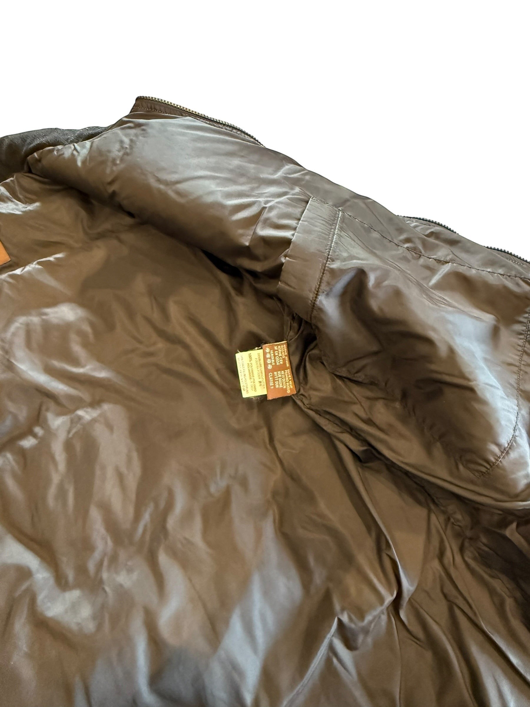 Archive No. 9 Moncler vintage beige down puffer jacket with hidden hood and authenticity tag. Size Large.