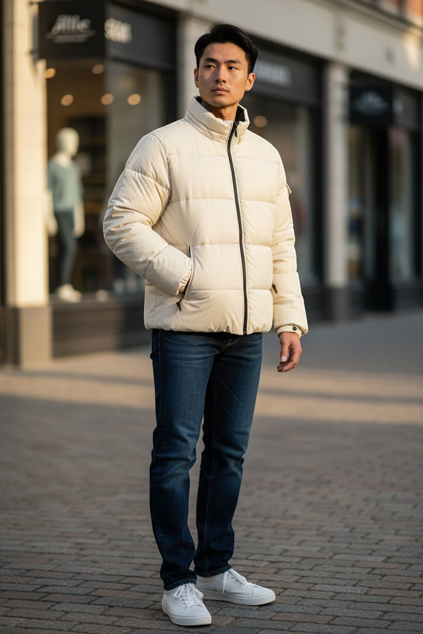 Archive No. 9 Moncler vintage beige down puffer jacket with hidden hood and authenticity tag. Size Large.