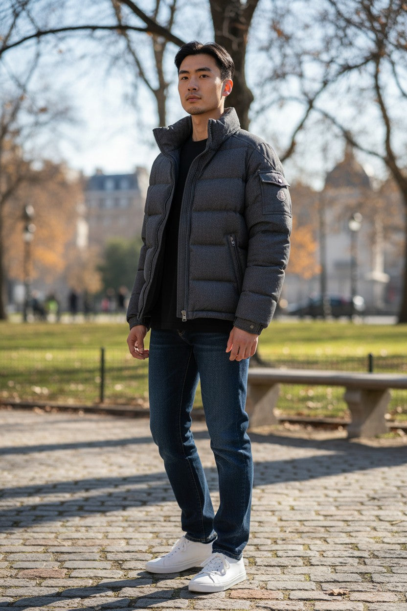 Archive No. 9 Moncler black velvet-like down puffer jacket, size Large (fits Medium), with zip closure and pockets.