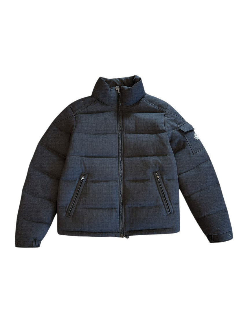 Archive No. 9 Moncler black velvet-like down puffer jacket, size Large (fits Medium), with zip closure and pockets.