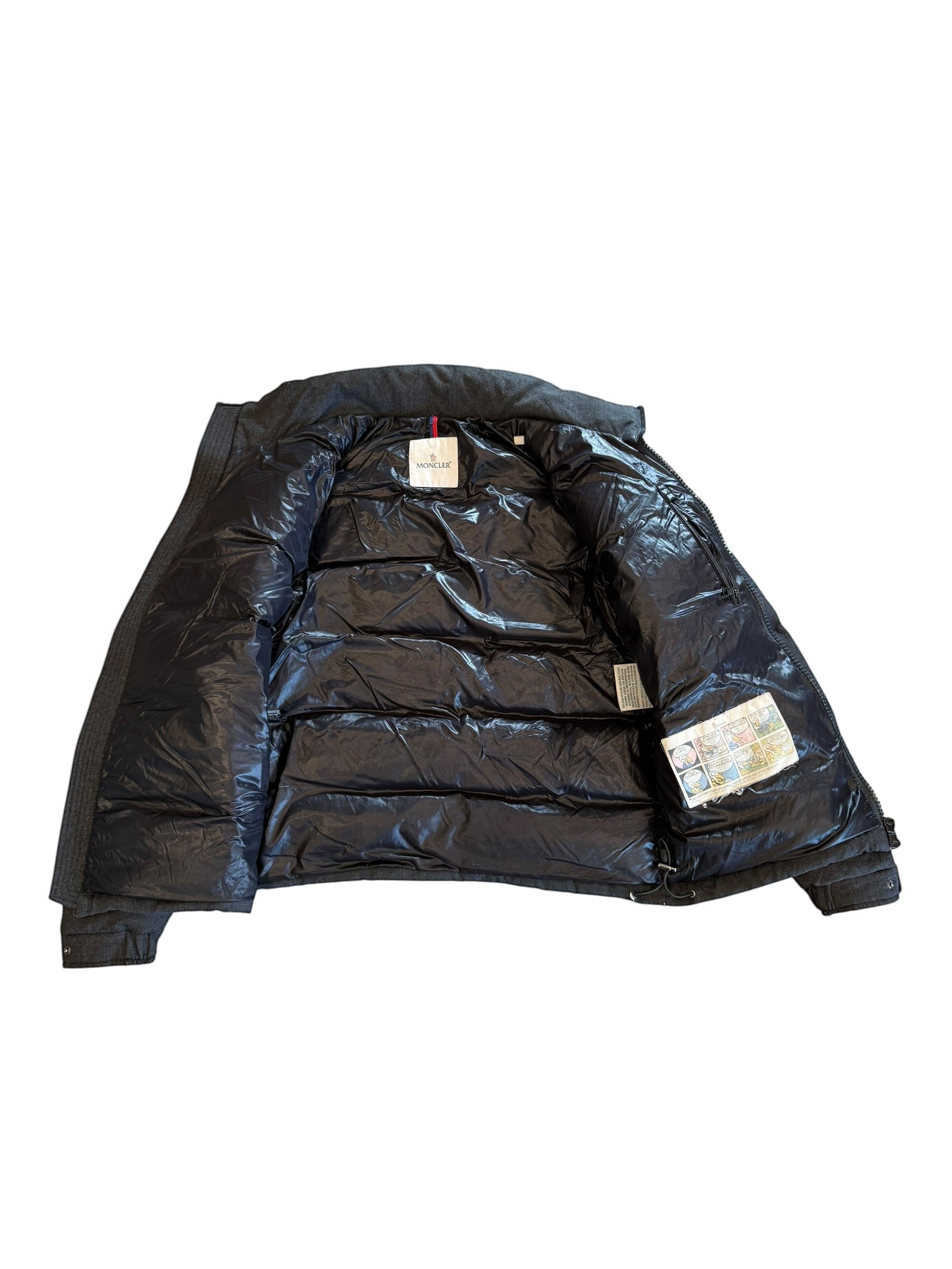 Archive No. 9 Moncler black velvet-like down puffer jacket, size L, with a shiny black interior.