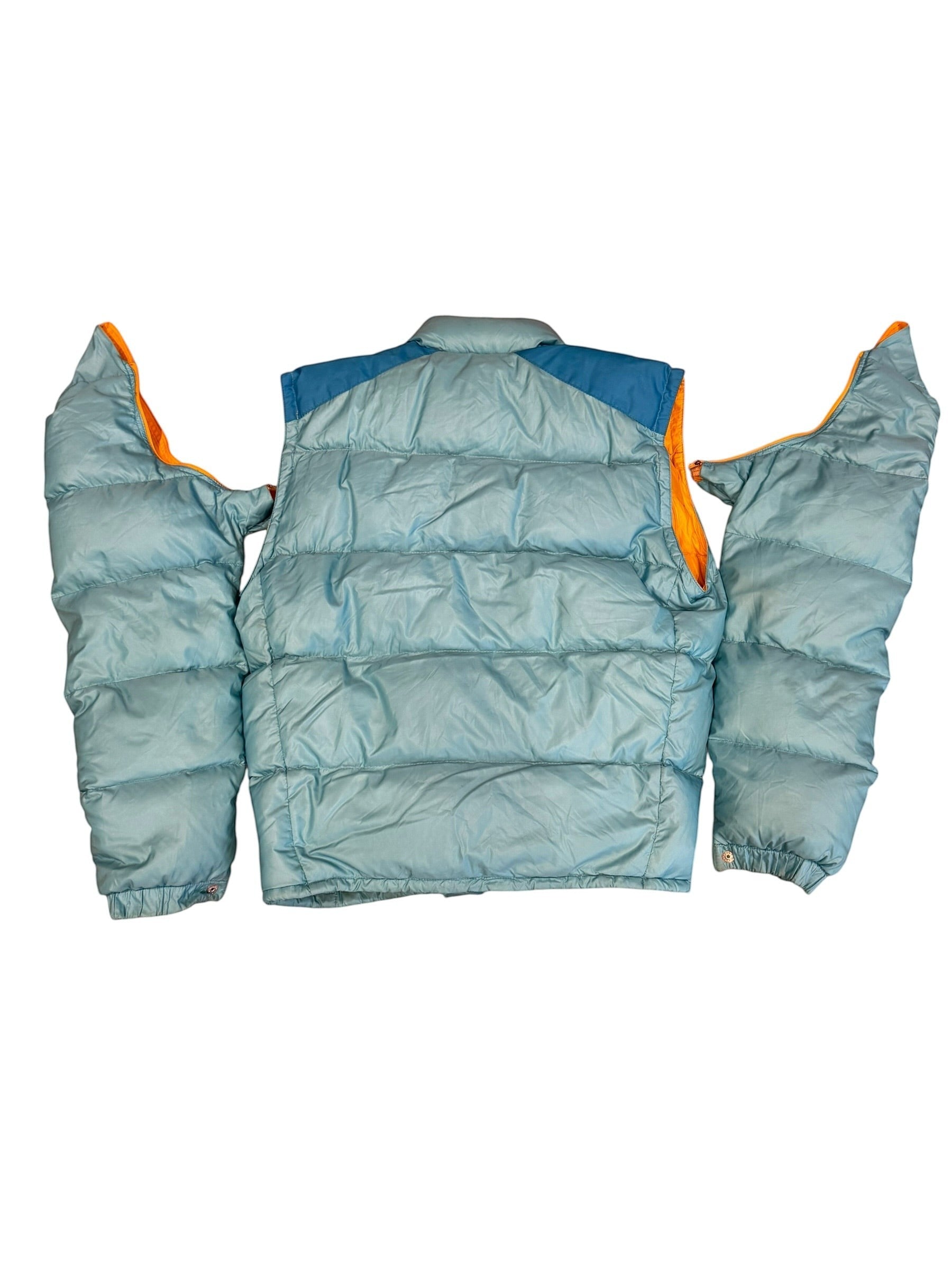 Archive No. 9 vintage Moncler blue down puffer jacket with detachable sleeves, size Medium.