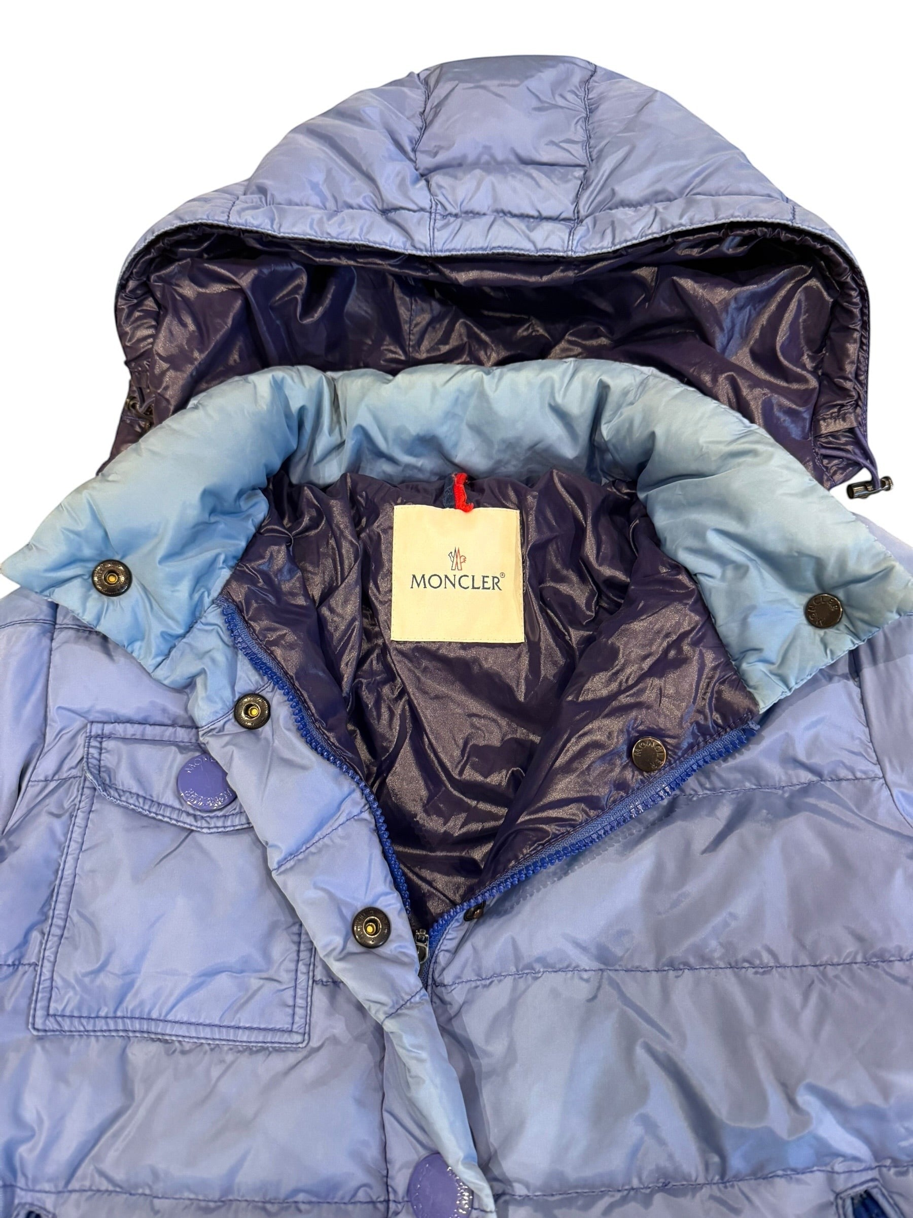 Archive No. 9 Moncler blue down puffer jacket with detachable hood, size Small.