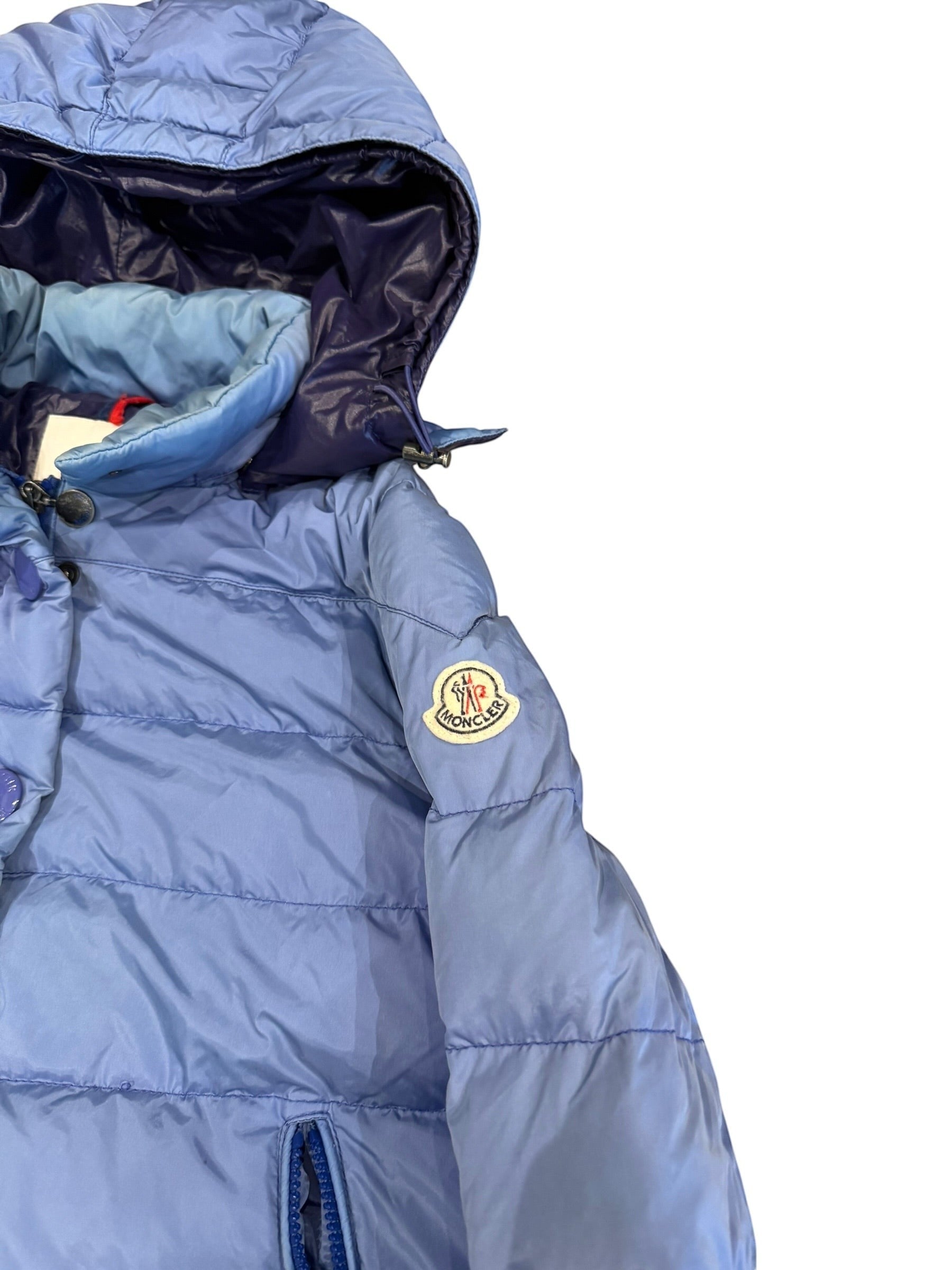 Archive No. 9 Moncler blue down puffer jacket, size Small, with detachable hood and signature logo patch.