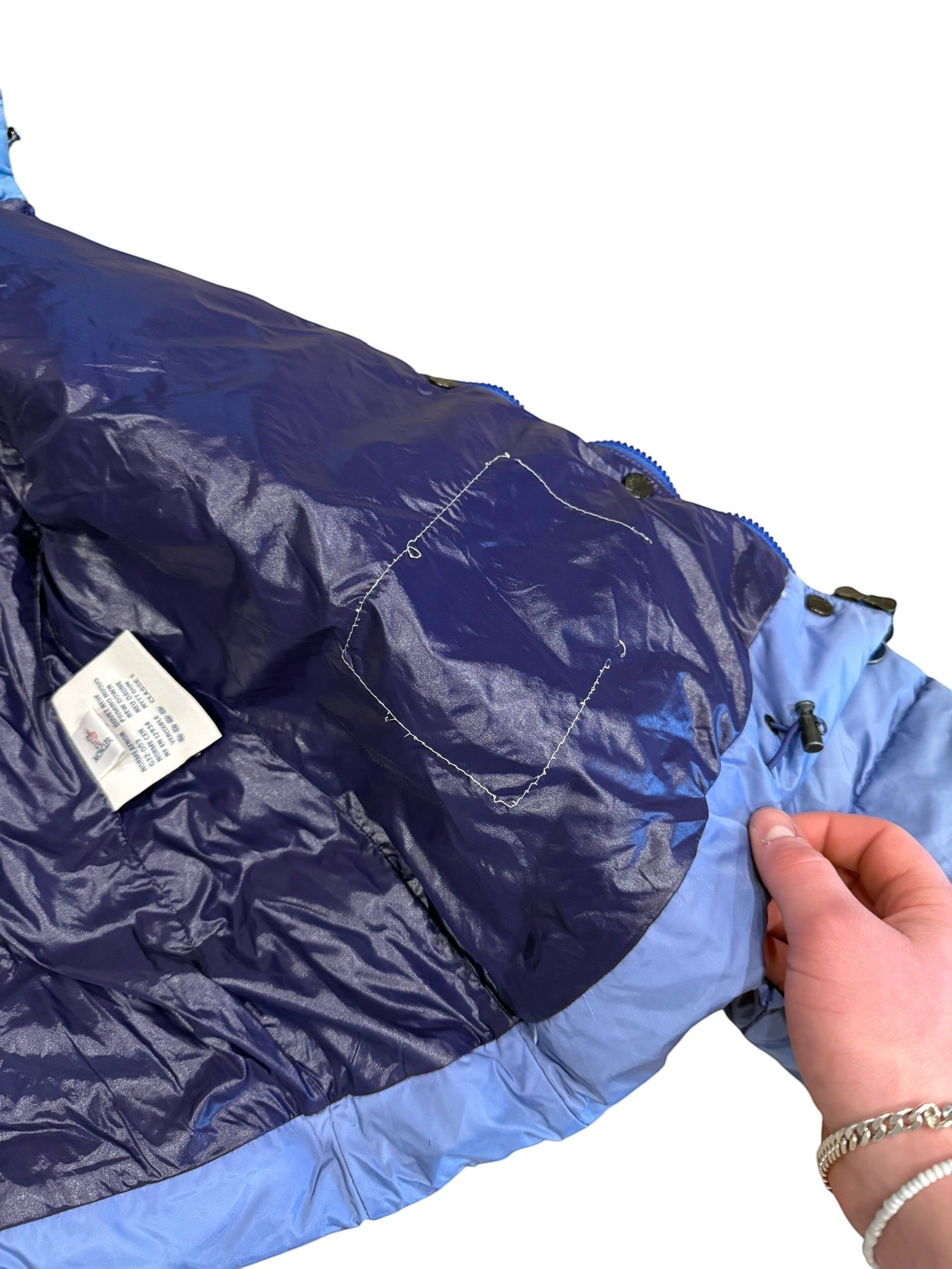 Archive No. 9 blue down-filled puffer jacket with detachable hood, size Small.