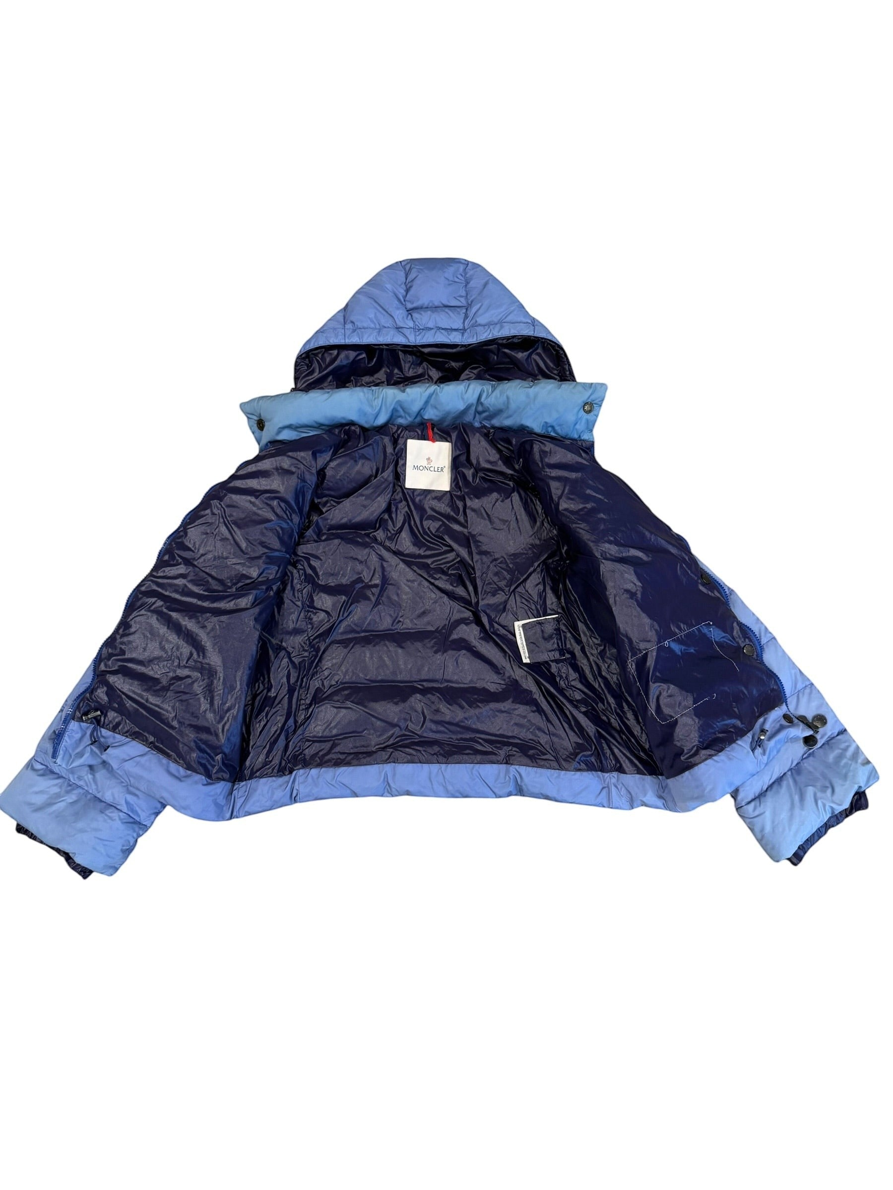 Archive No. 9 Moncler blue down puffer jacket with detachable hood, size Small.