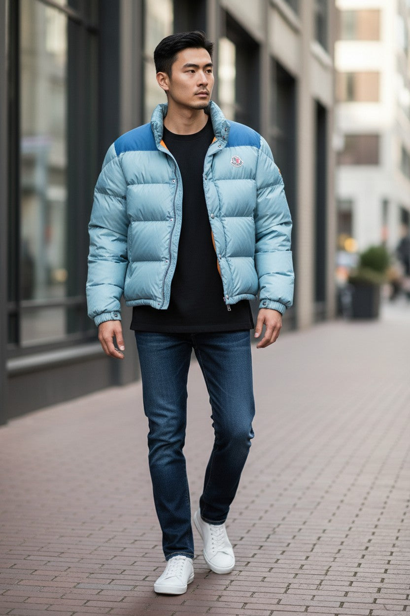 Archive No. 9 vintage Moncler blue down puffer jacket with detachable sleeves and orange lining. Size Medium.