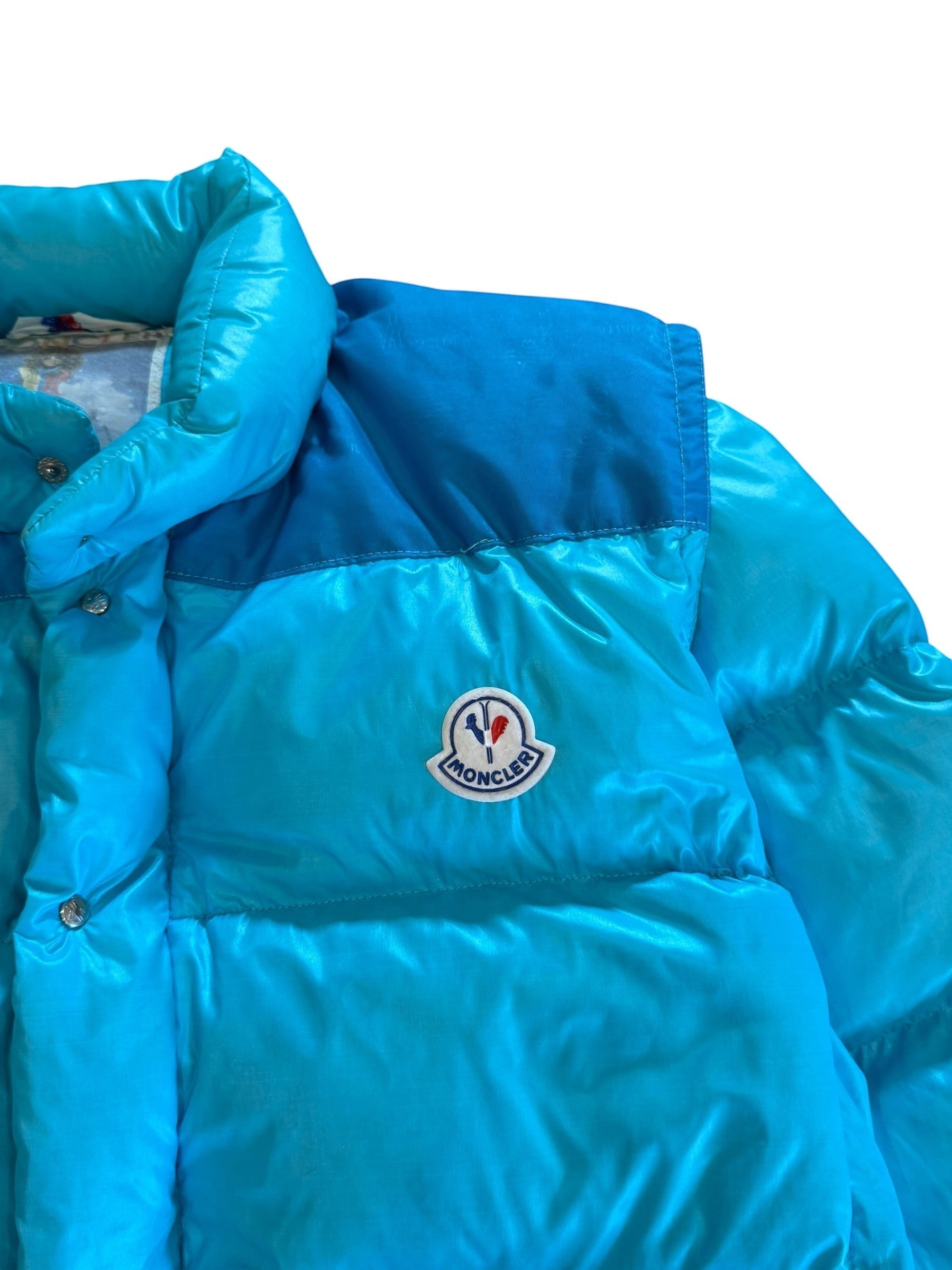 Archive No. 9 1990s Moncler blue down puffer jacket with removable sleeves, size L.