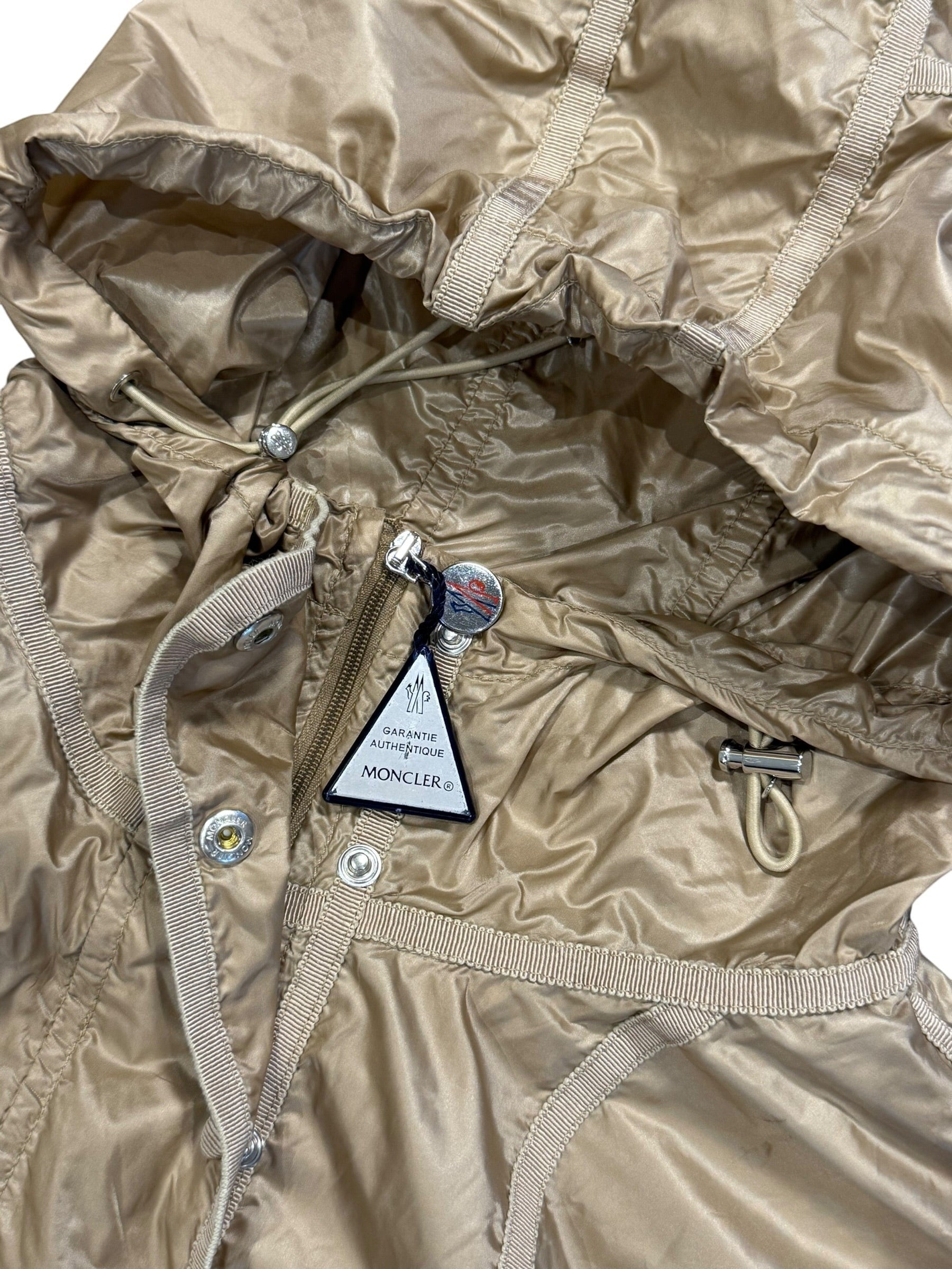 Archive No. 9 Moncler gold lightweight windbreaker jacket, size Large, with drawstring hood and waterproof finish.
