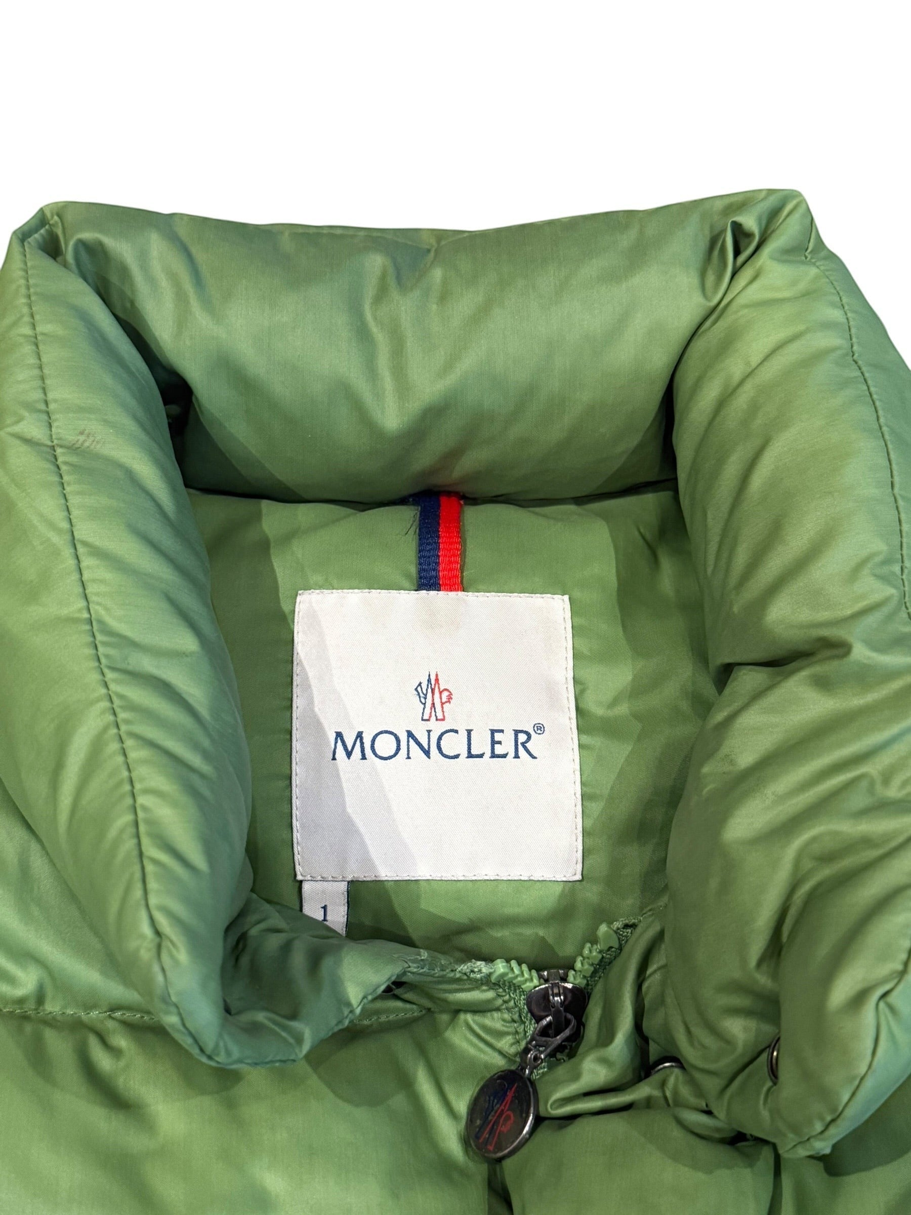 Archive No. 9 Moncler green down puffer jacket, size Small. Vintage, down-filled, durable outerwear.