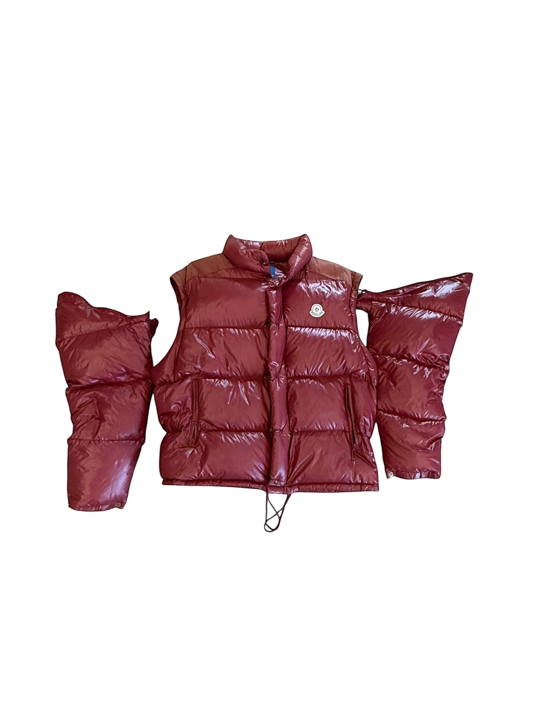 Archive No. 9 vintage burgundy Moncler Grenoble puffer jacket, size XL, down-filled, lightweight, with detachable sleeves.