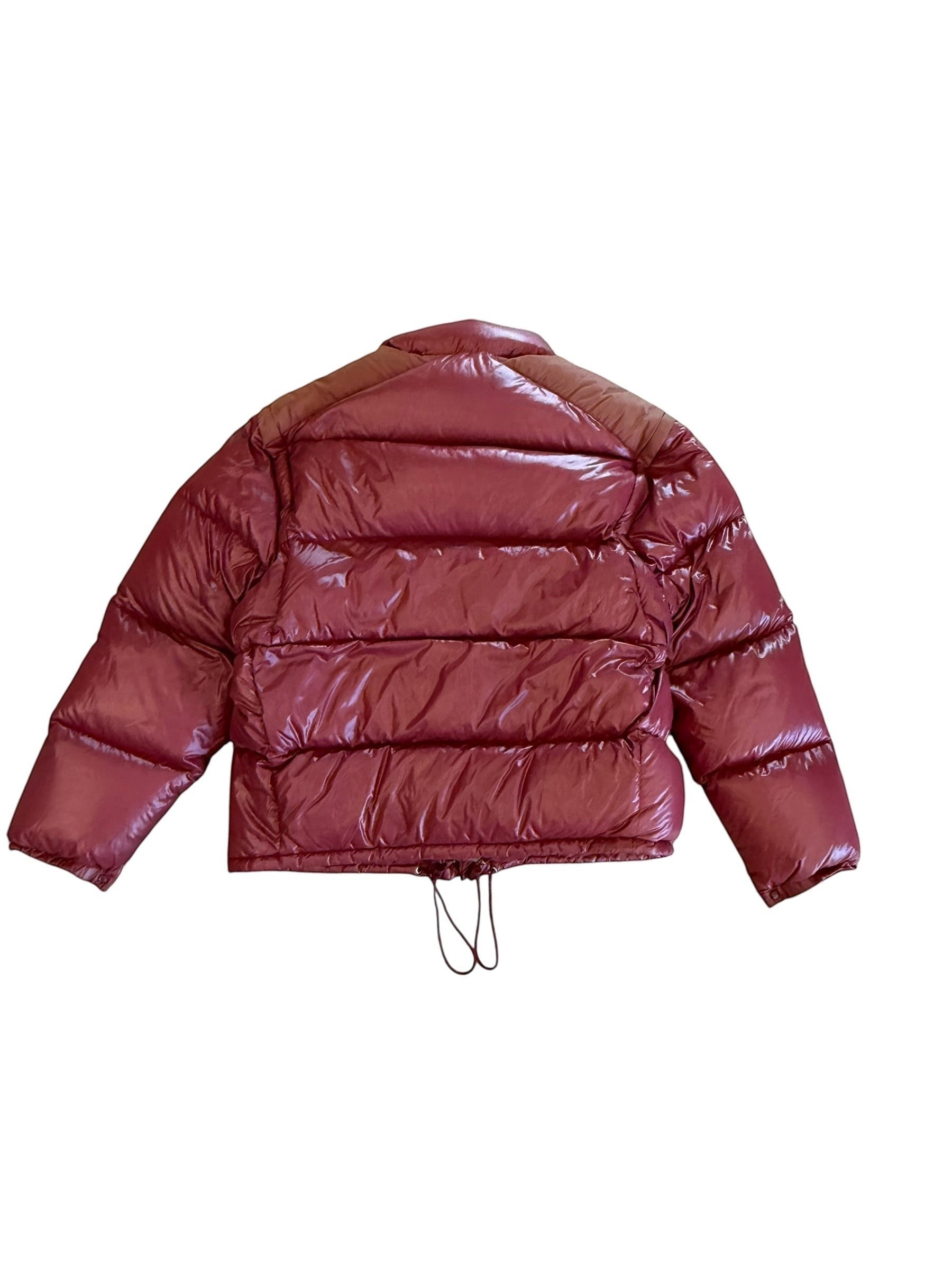Archive No. 9 Moncler Grenoble vintage burgundy puffer jacket, size XL. Lightweight, down-filled, with drawstring hem.