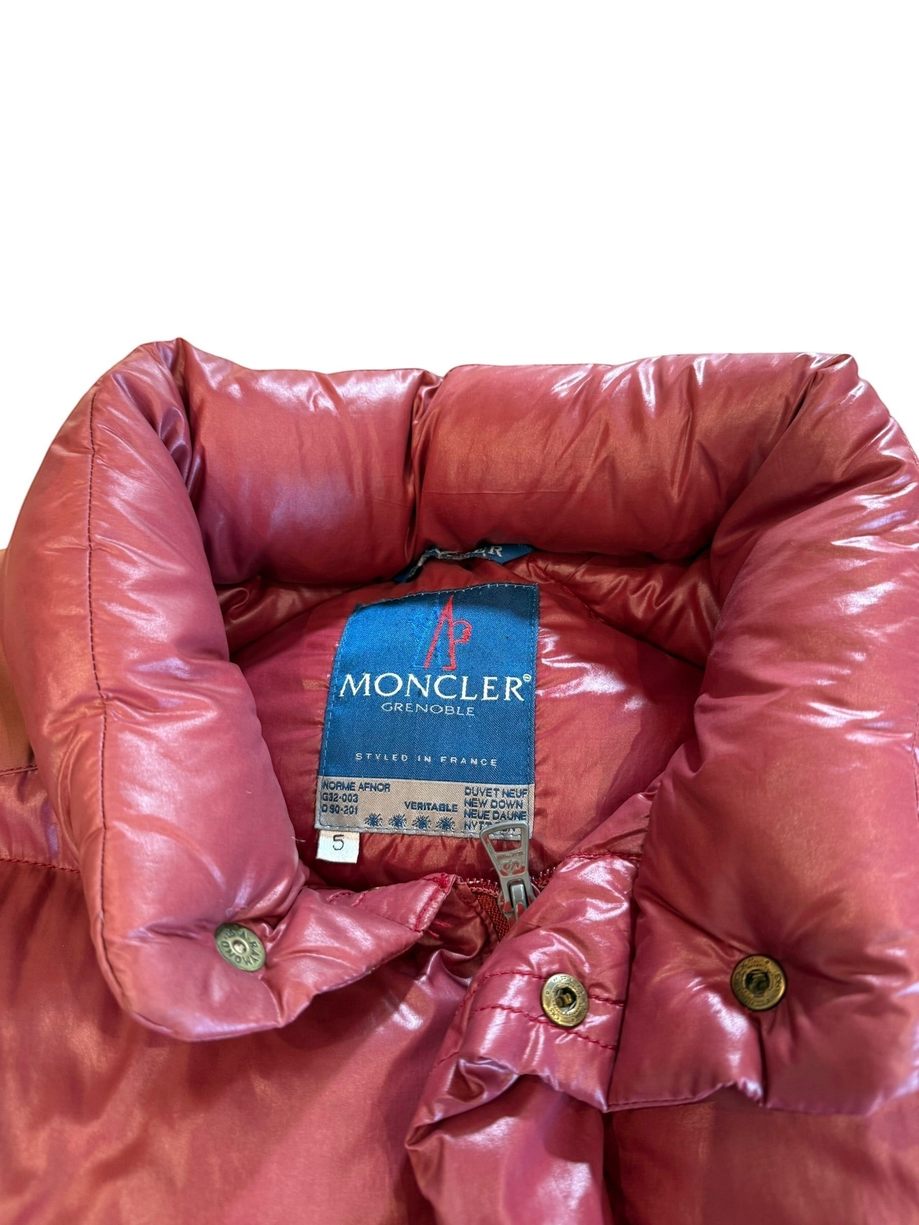 Archive No. 9 Moncler Grenoble vintage burgundy down puffer jacket XL. Shiny nylon exterior with snap closures and signature Moncler logo.