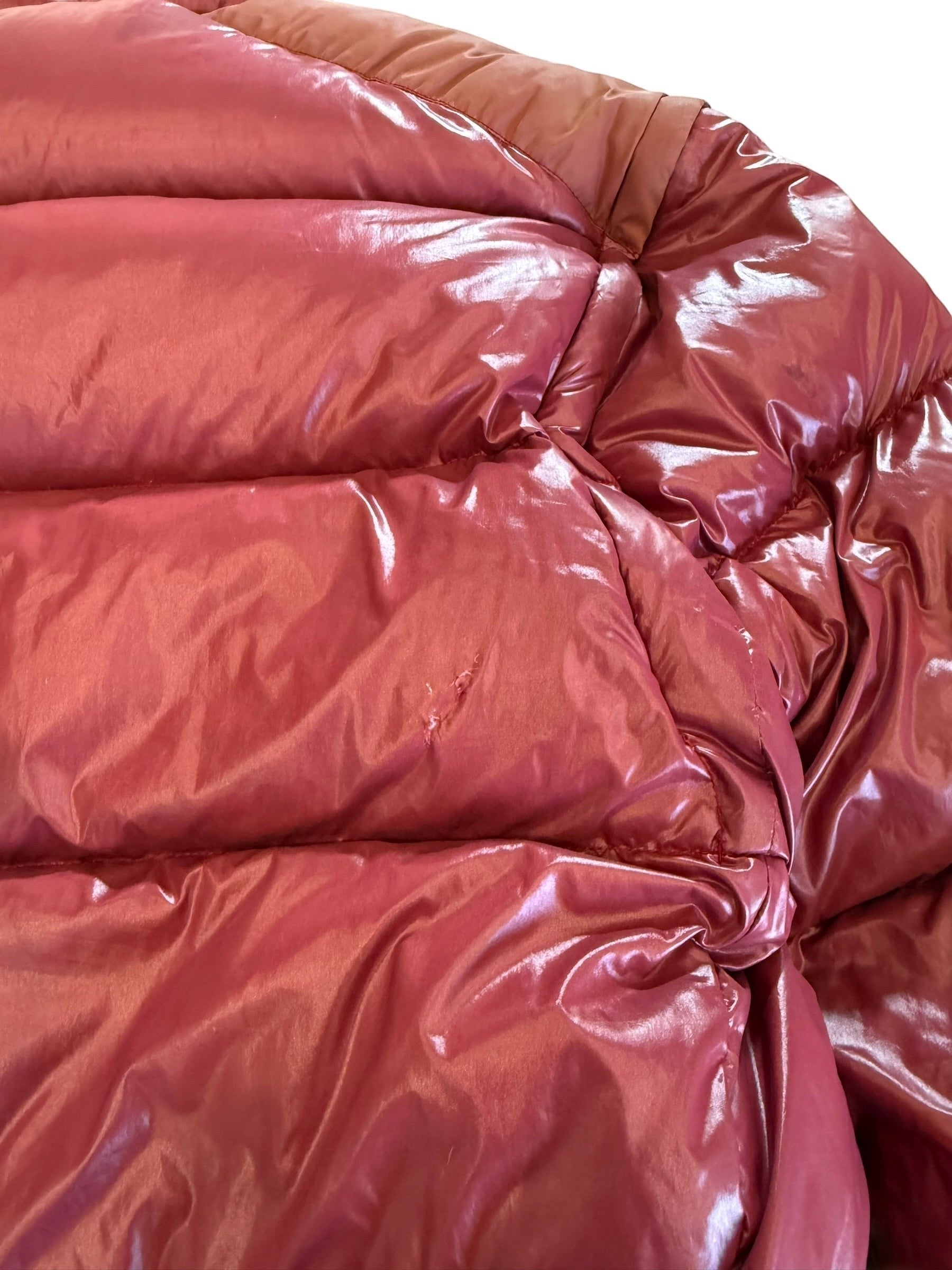 Archive No. 9 vintage burgundy Moncler Grenoble puffer jacket, size XL, down-filled and lightweight with a small rip on the back.