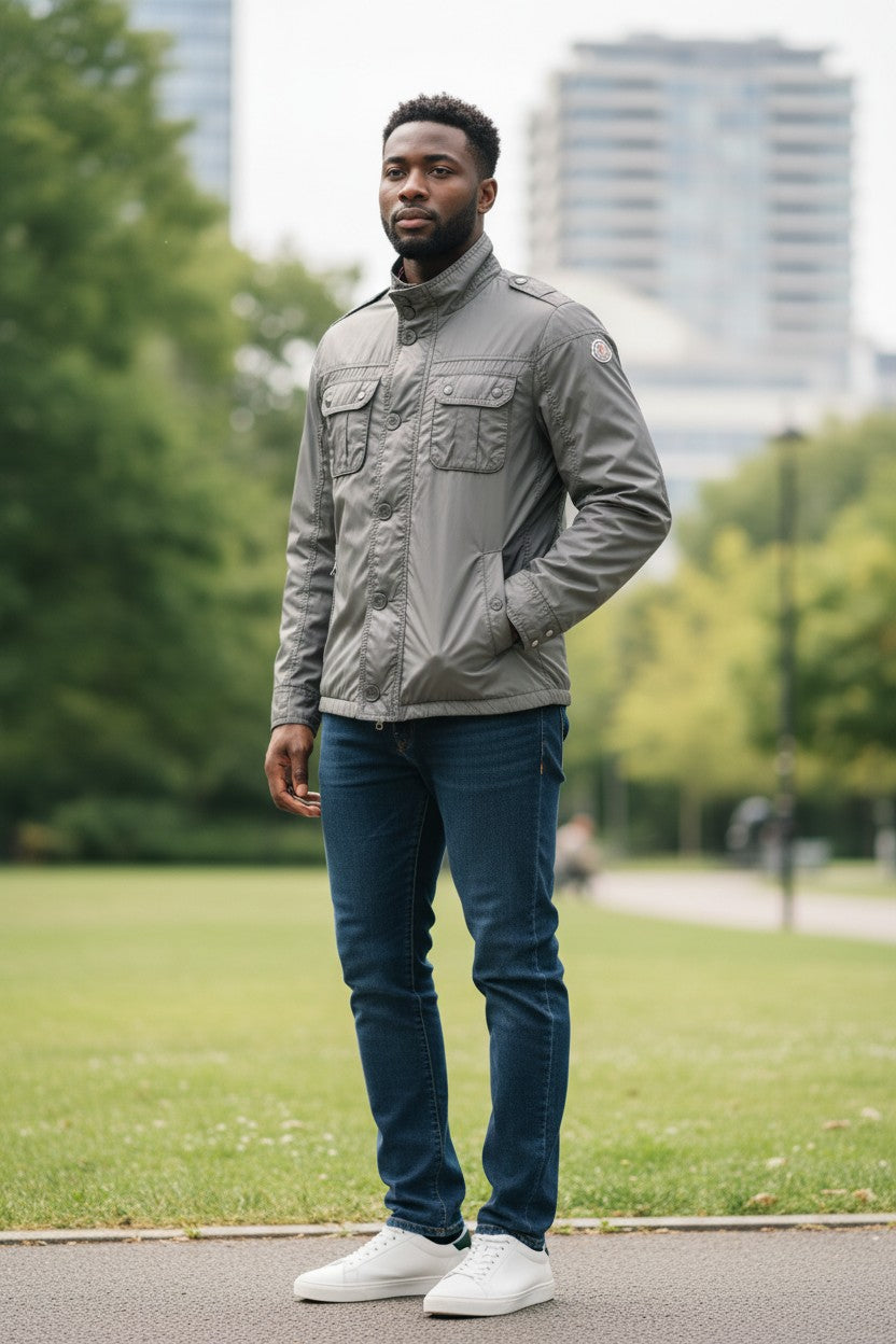 Archive No. 9 grey Moncler utility jacket with multiple pockets and waterproof material. Size L.
